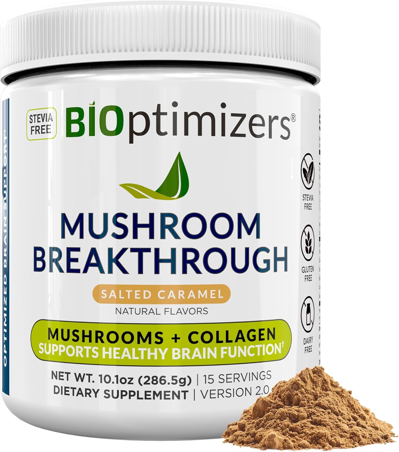 BIOptimizers Mushroom Coffee Alternative – Salted Caramel Drink – Lion’s Mane, Chaga, Reishi + Collagen Peptides for Focus, Energy & Gut Health – Adaptogenic Mushrooms & MCT Powder – 15 Servings
