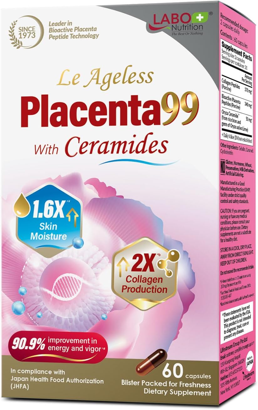 LABO Nutrition Le Ageless Placenta 99 with Ceramides -Placenta Supplement with Collagen Peptides, Oryza Ceramides -Skin Regeneration, Hydration, Anti-Aging Wrinkle Support, Immune Health, 60 Capsules