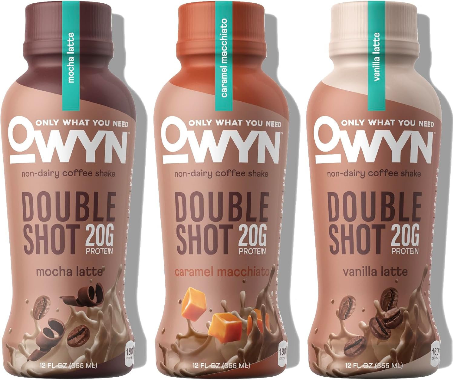 OWYN Only What You Need Doubleshot Dairy Free Keto Protein Coffee Shake, Variety Pack, 0g sugar, 20g plant based protein, 180mg Caffeine, Gluten & Soy Free, Non-GMO, Vegan (12 Pack, 12 Fl Oz Bottles)