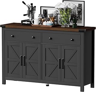 55" Sideboard Buffet Cabinet with Storage, Coffee Bar Cabinet with 2 Drawers and 4 Barn Doors, Long Storage Cabinet Modern Farmhouse, Black Wood, for Kitchen, Dining Room, Living Room