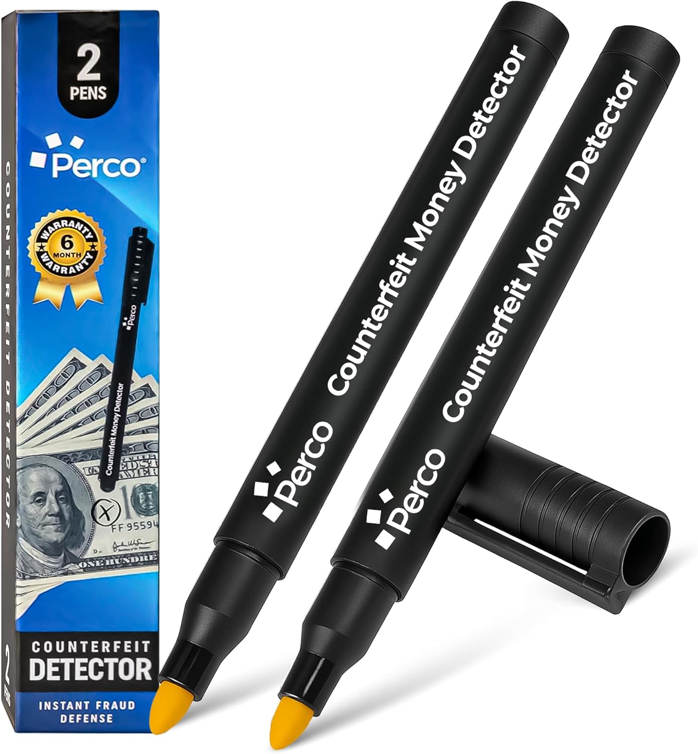 Perco Counterfeit Money Detector Pen (2 Pack) - Easy to Use and Reliable Universal Currency Fake Bill Checker for Personal & Commercial Use - Ensures Authenticity & Prevents Fraud