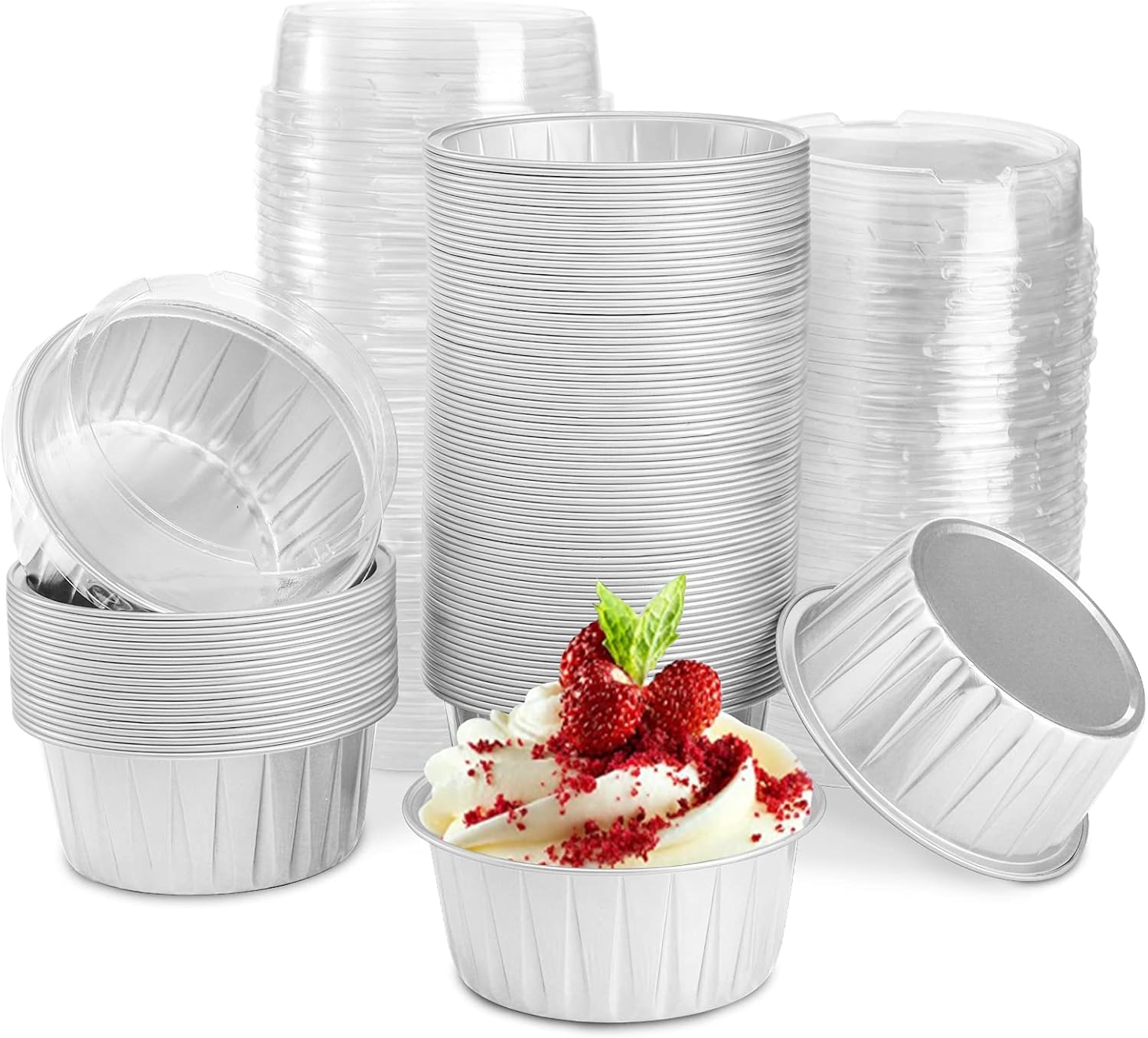 DEAYOU 100-Pack Cupcake Baking Liner with Lid, Tart Pie Tin Pan Holder for Creme Brulee, Party, Wedding, Silver Color