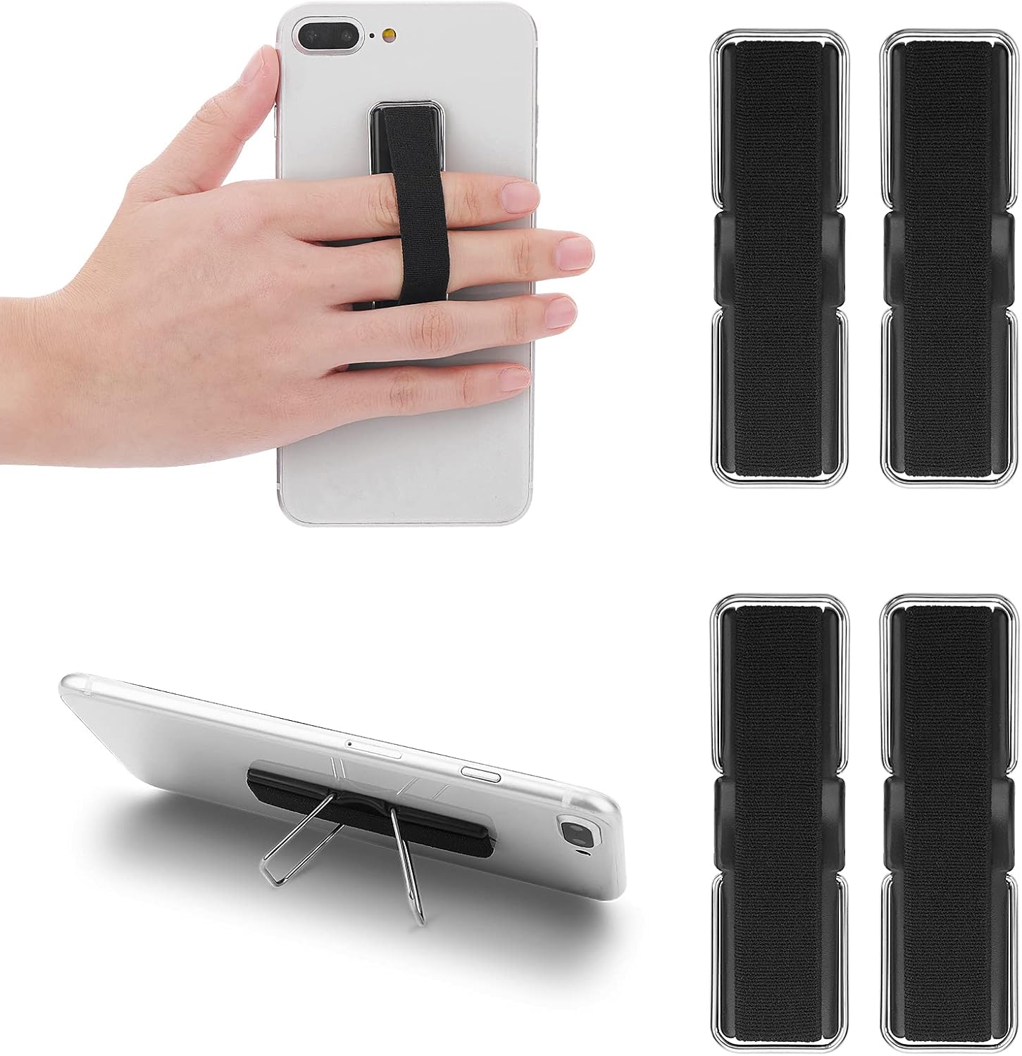 Cobee Finger Strap Phone Holder, 4 Pcs Cell Phone Grip Holder Elastic Kickstand for Mobile Phone Anti-silp Braided Finger Holder Band Compatible with Smartphones, Small Tablets(Black)