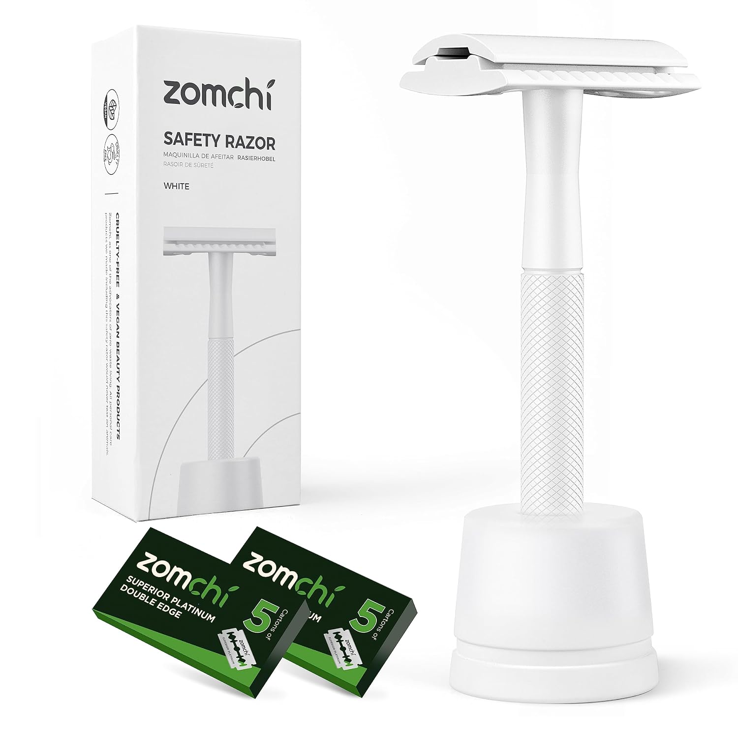 ZOMCHI Double Edge Safety Razor Kit for Men & Women, Stand,White | Includes 10 Replacement Blades, Textured Grip, Balanced Handle, Easy Blade Change, Washable Design, Compact Storage