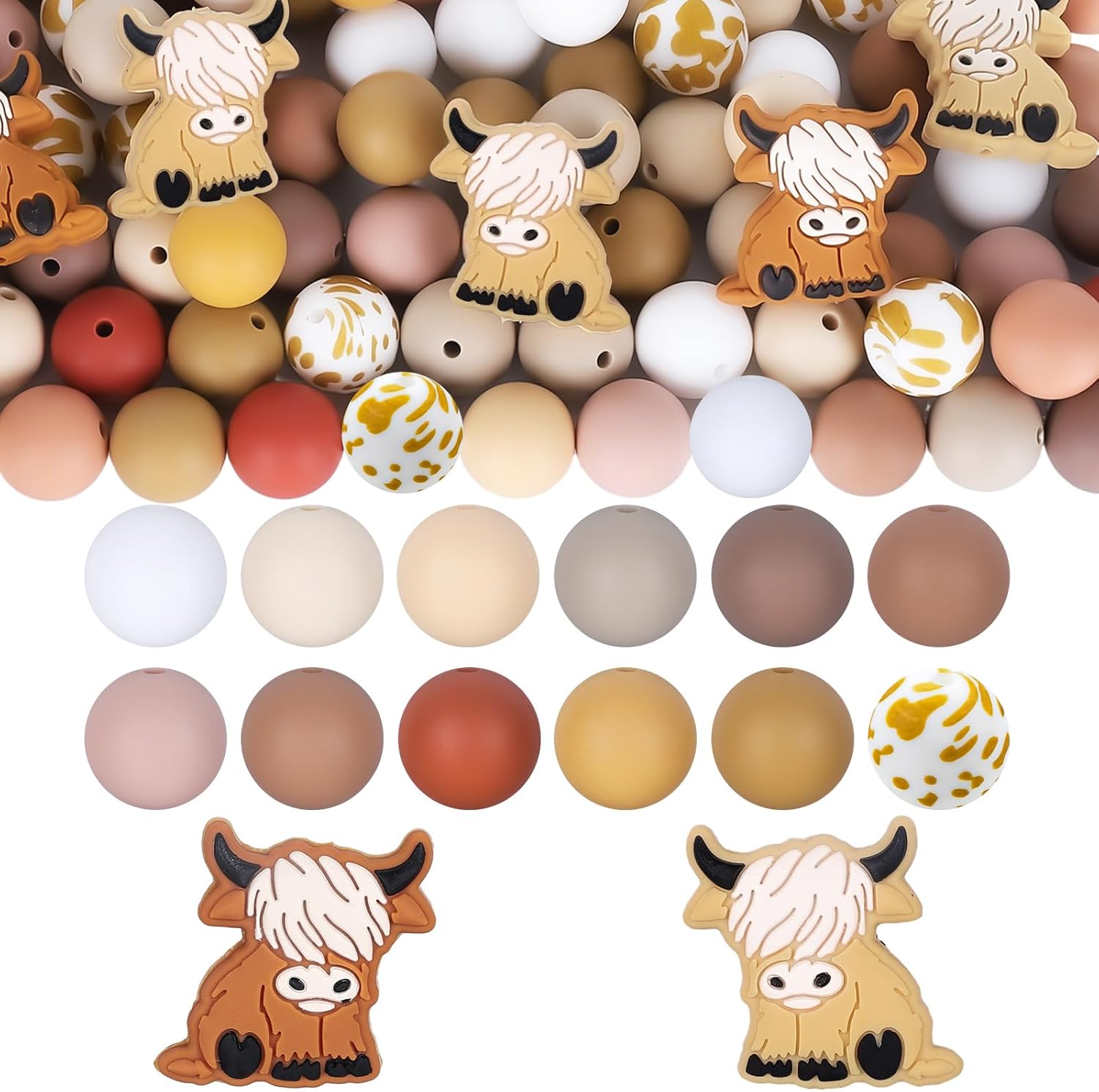 Waline 100Pcs Highland Cow Focal Silicone Animal Shaped Beads - Brown & White Cow Printed Bead Colorful Flat Round Spacer Beads for Making Pen DIY Crafting Necklace Bracelet Keychain