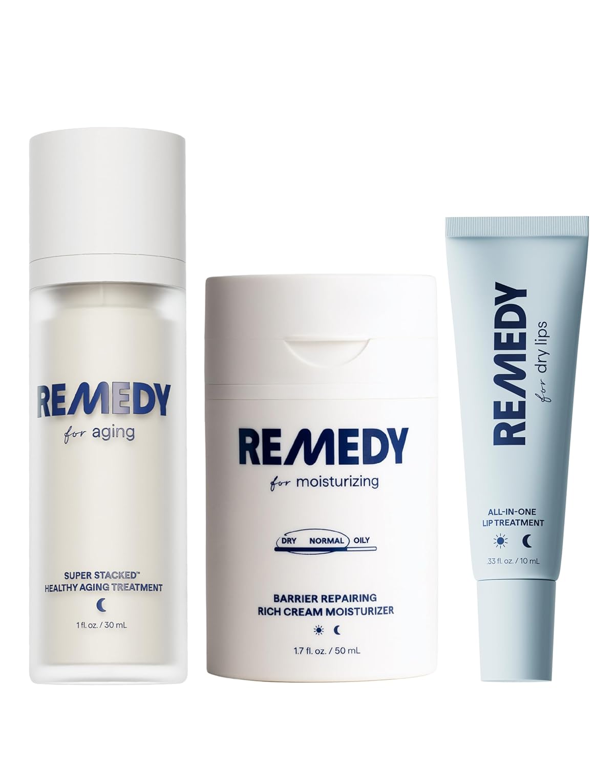 Remedy The Anti-Aging Trio | Complete 3-Piece System | Healthy Aging Treatment, Rich Moisture Cream & Lip Balm | Retinol, Ceramides, Peptides, Niacinamide | Created by Dermatologist Dr. Shah | Vegan