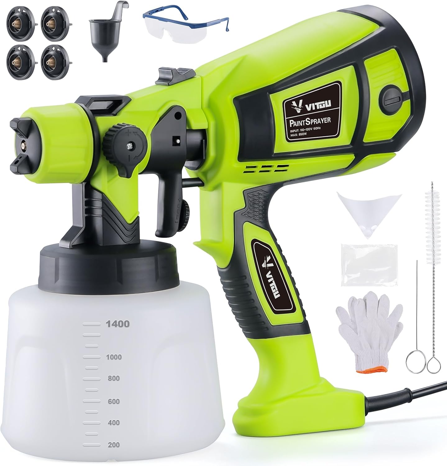 VITUU Paint Sprayer, 850W 1400ml HVLP Spray Paint Gun, 4 Copper Nozzles & 3 Spray Patterns Easy to Clean for Furniture, Cabinets, Fence, Walls, Door, Garden Chairs DIY Works etc