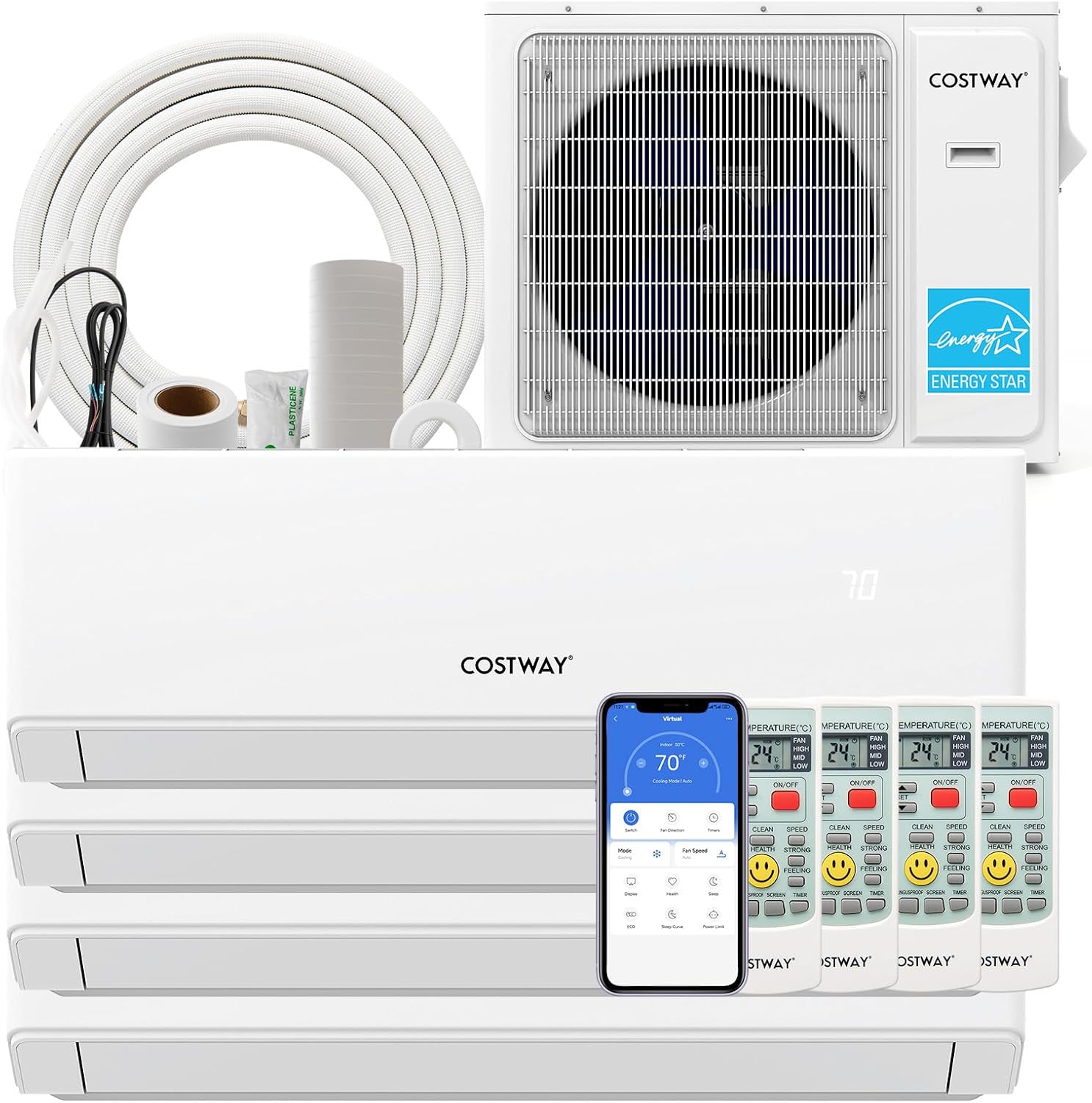 COSTWAY 30k Quad 4 Zone Mini Split Air Conditioner, 23 SEER2, 9k+9k+9k+12k BTU, 208-230V, Wifi Enabled Multi Zones Mini Split AC Heat Pump Full Set, Ductless Energy Star