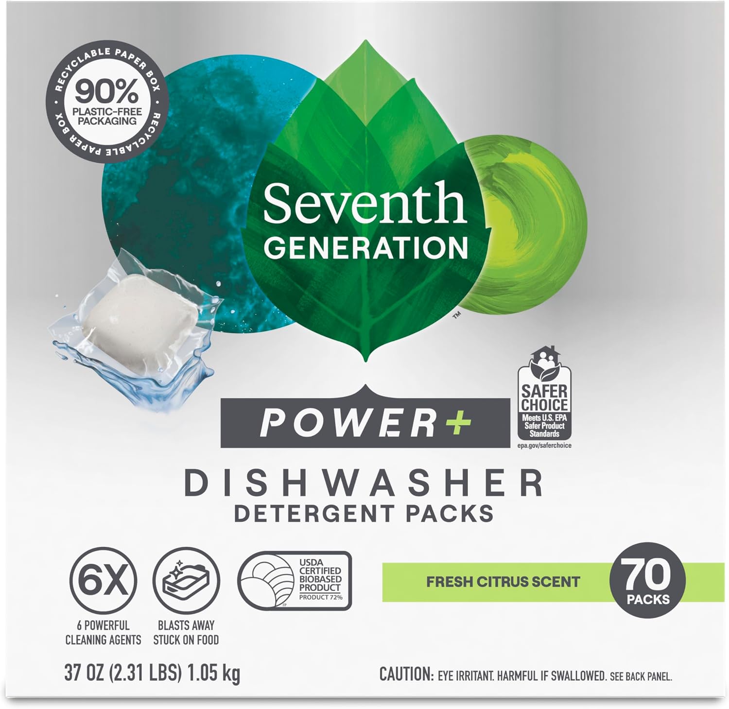 Seventh Generation Power+ Dishwasher Detergent, Fresh Citrus, 70 Count
