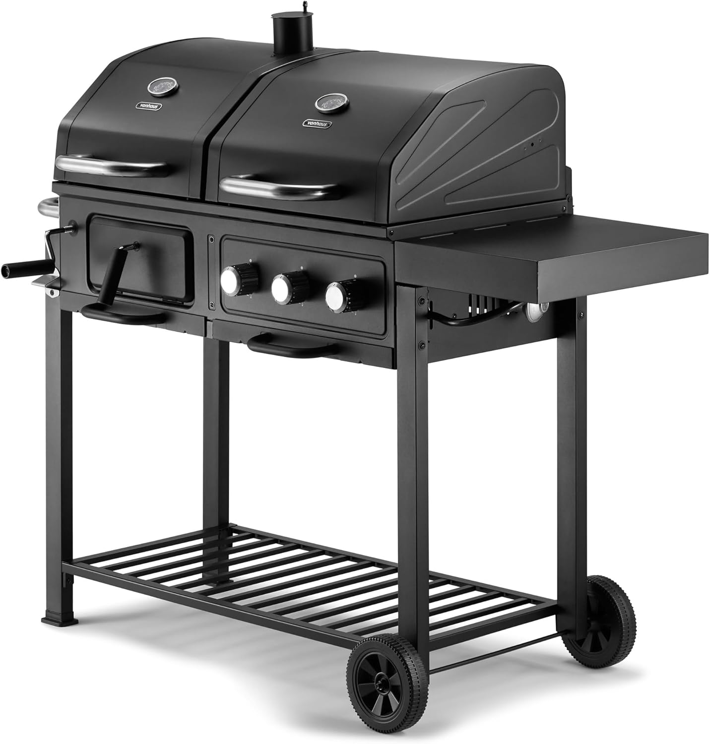VonHaus Hybrid Dual Fuel BBQ – 2 in 1 Charcoal & Gas Barbecue with Warming Rack, Fold Down Shelf, Temperature Gauges, Wheels, Large Cooking Grills – Barbeque and Smoker – Grill Meat, Fish & Vegetables