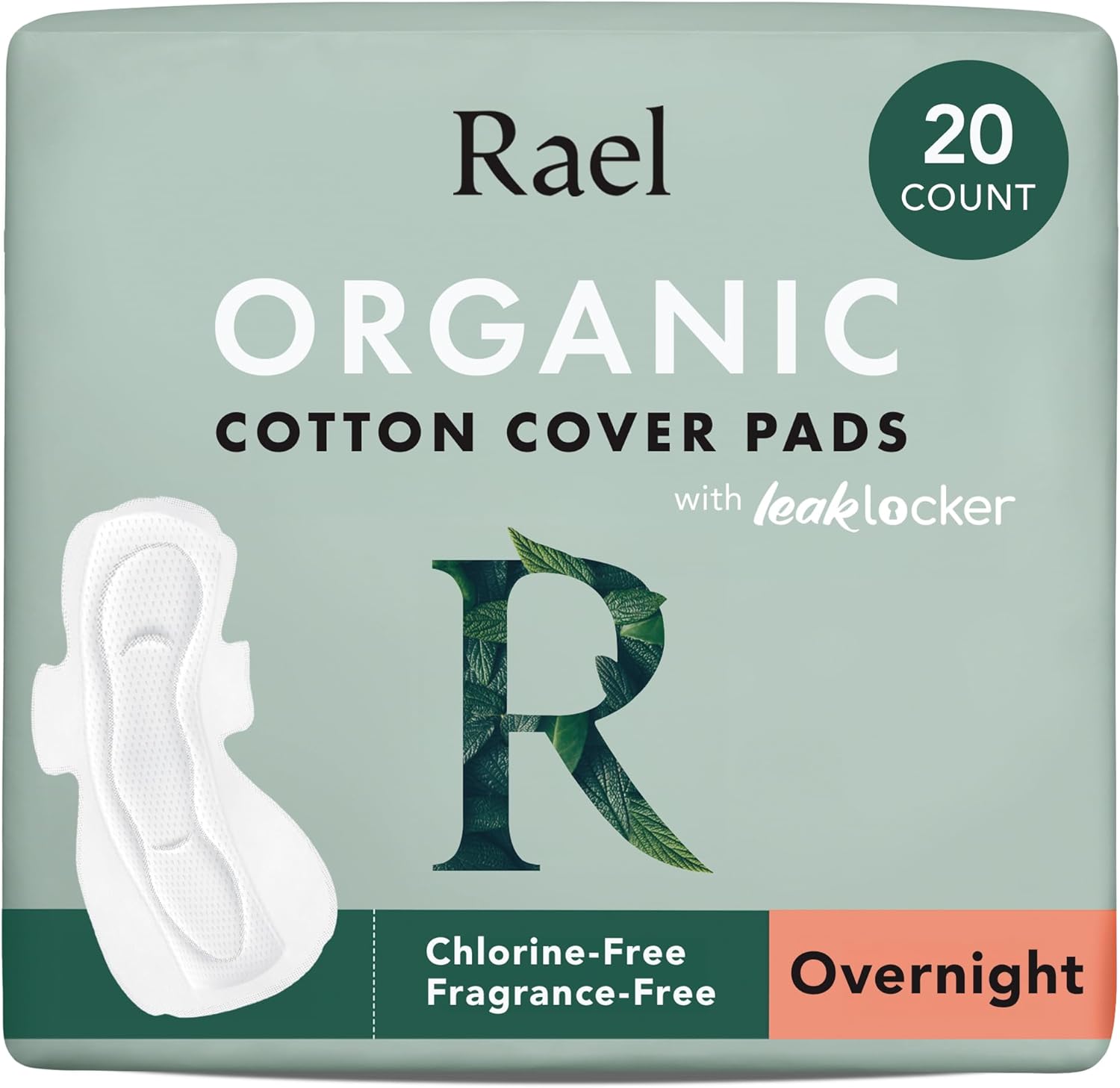 Rael Organic Cotton Cover Sanitary Towels - Heavy Absorbency for Night, Ultra Thin Period Pads with Wings for Women, Unscented, Hypoallergenic, Vegan (Overnight, 20 Count)