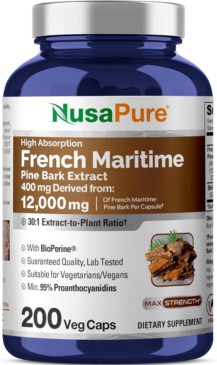 NusaPure French Maritime Pine Bark 30:1 Extract, 400 mg Equivalent to 12,000 mg Per Veggie Caps 200-Day Supply, Bioperine (Non-GMO & Vegan)