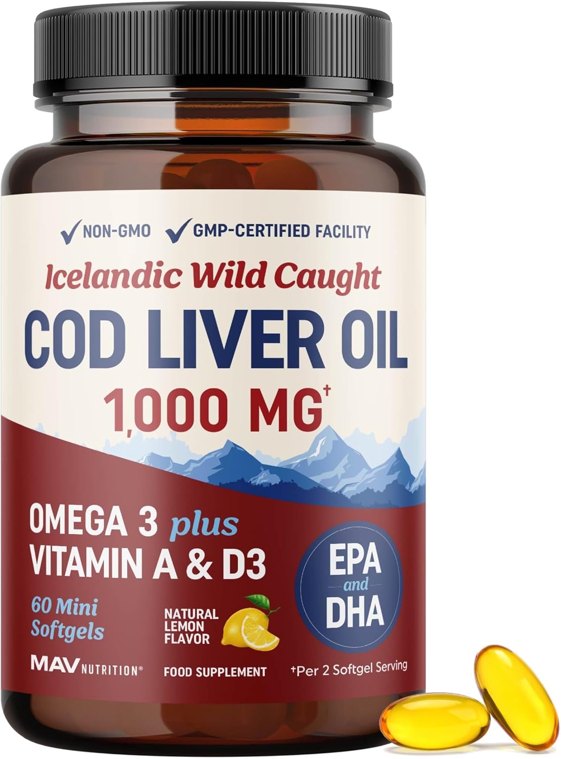 Cod Liver Oil Softgels 1000MG | Omega 3 + Vitamin A & D3 | Wild Caught Cod Liver Oil, Icelandic Sourced & Molecularly Distilled | EPA DHA Omega 3 Supplement for Bone, Eye & Immune Health | 60 Ct