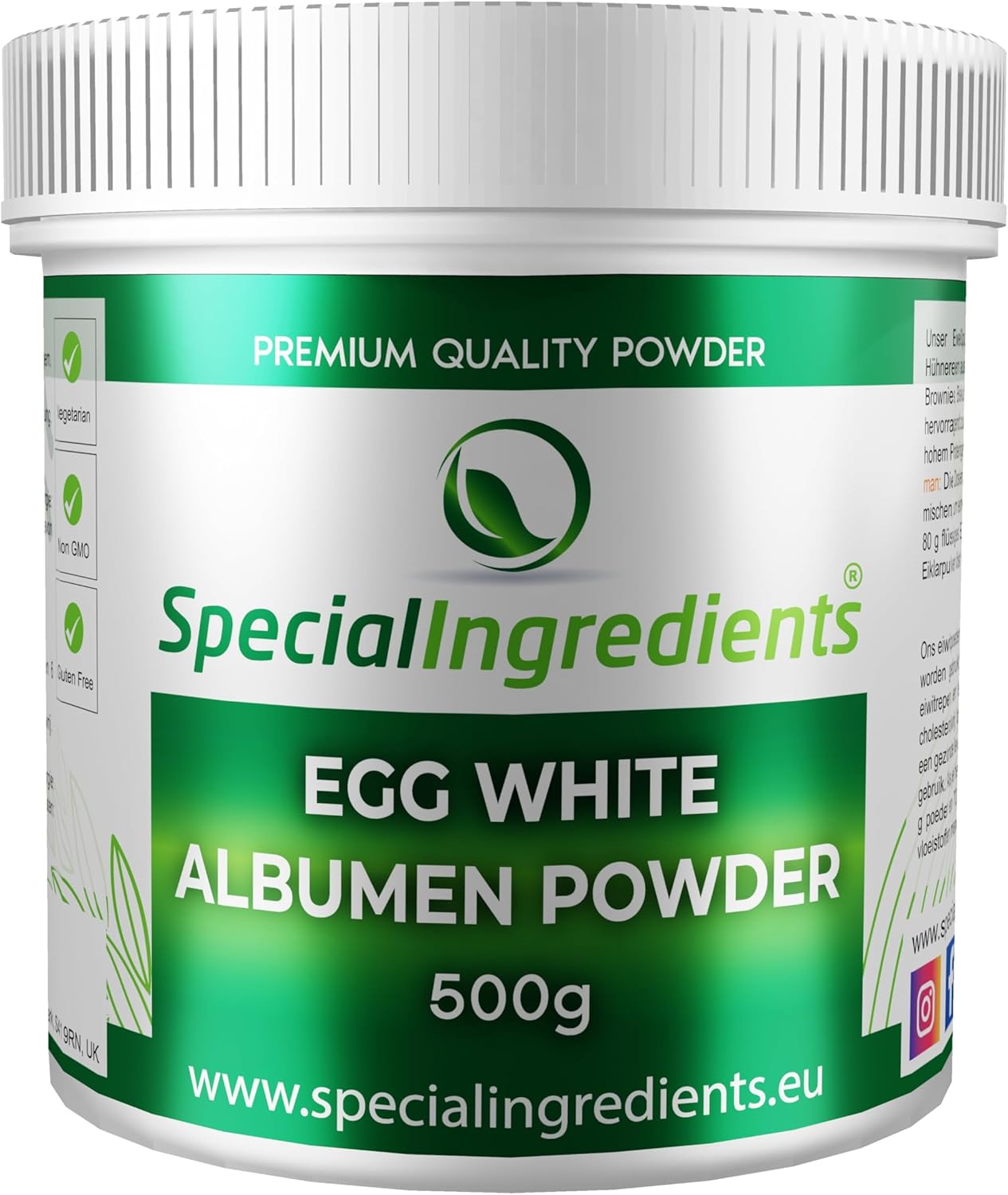 Special Ingredients Egg White Albumen Powder 500g Premium Quality Free Range Suitable for Vegetarians, Non-GMO, Gluten Free – Recyclable Plastic Container