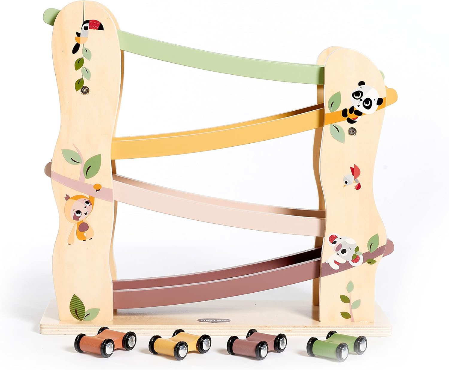 Tiny Love Wooden Race Car Ramp Toy, Zig Zag Car Slide Toy with 4 Easy-Roll Wooden Race Cars, Fine Motor Skills, Cognitive Development, Natural Design, 18+ Months, Boho Chic