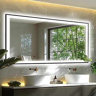 60x28 LED Bathroom Mirrors for Vanity, Black Trim, Backlit+Front Lit, 3 Colors and Stepless Dimmable CRI90+, No Fog Mirror, Shatter-Proof, Waterproof, Smart Touch Button, Horizontal/Vertical