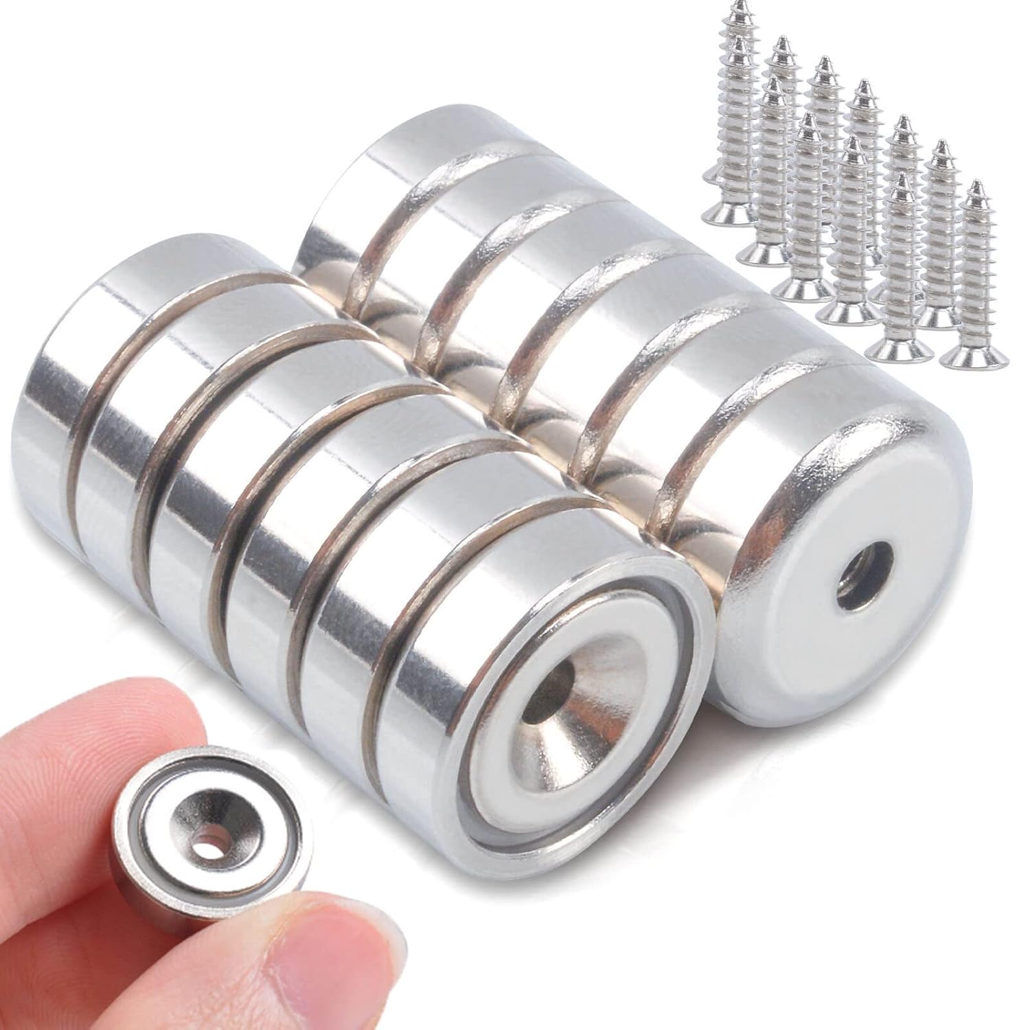 MIN CI 12Pack Neodymium Magnets - 20lbs Pulling Force, 16mm Round with Countersunk Hole and Screws - Rare Earth Magnets for Crafts