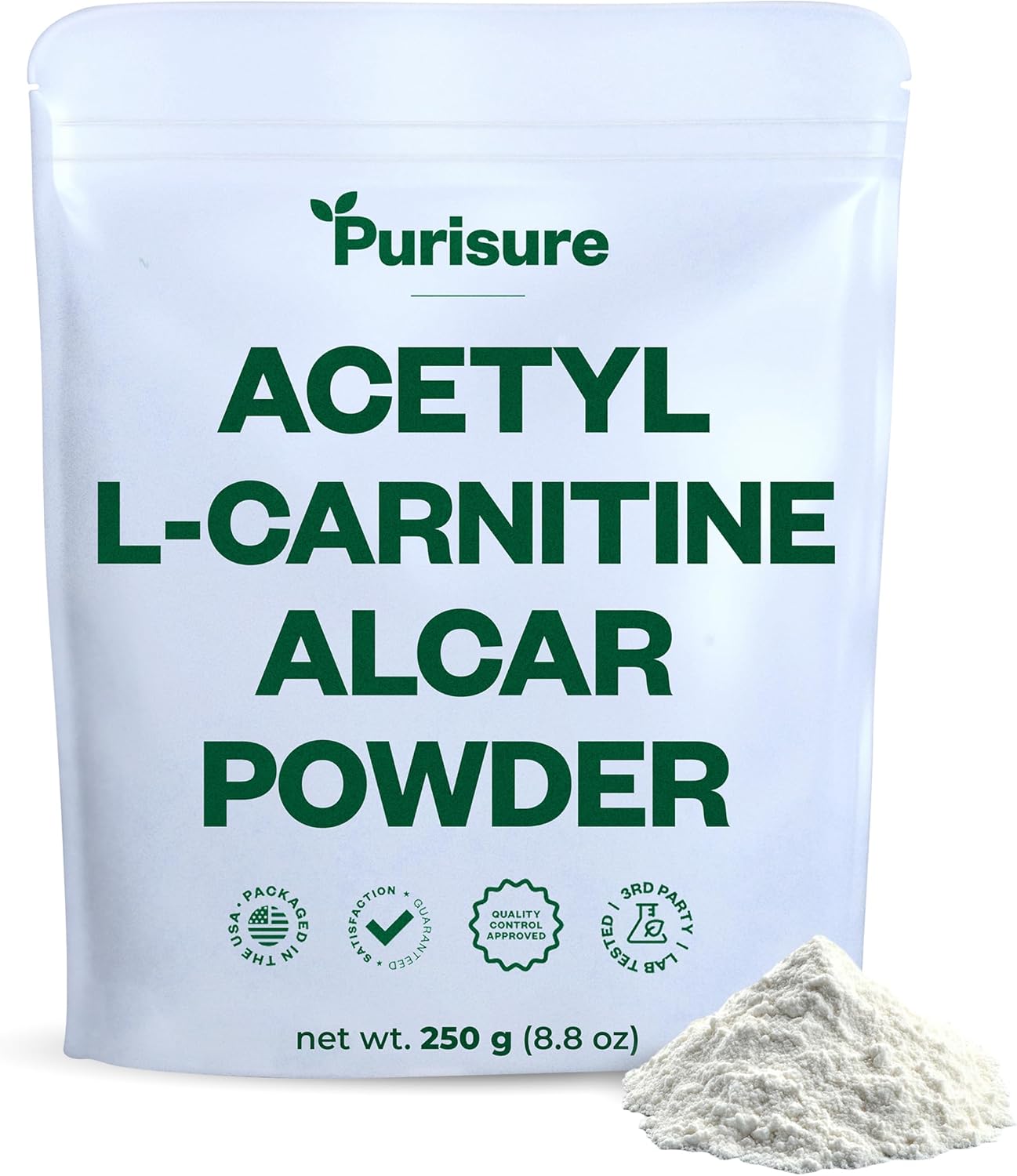 Purisure Acetyl L-Carnitine Powder, 250g, ALCAR Powder, Amino Acid Supplement, Acetyl L-Carnitine Supplement for Better Cognitive Performance and Muscular Endurance, Gluten Free, Non-GMO, 500 Servings