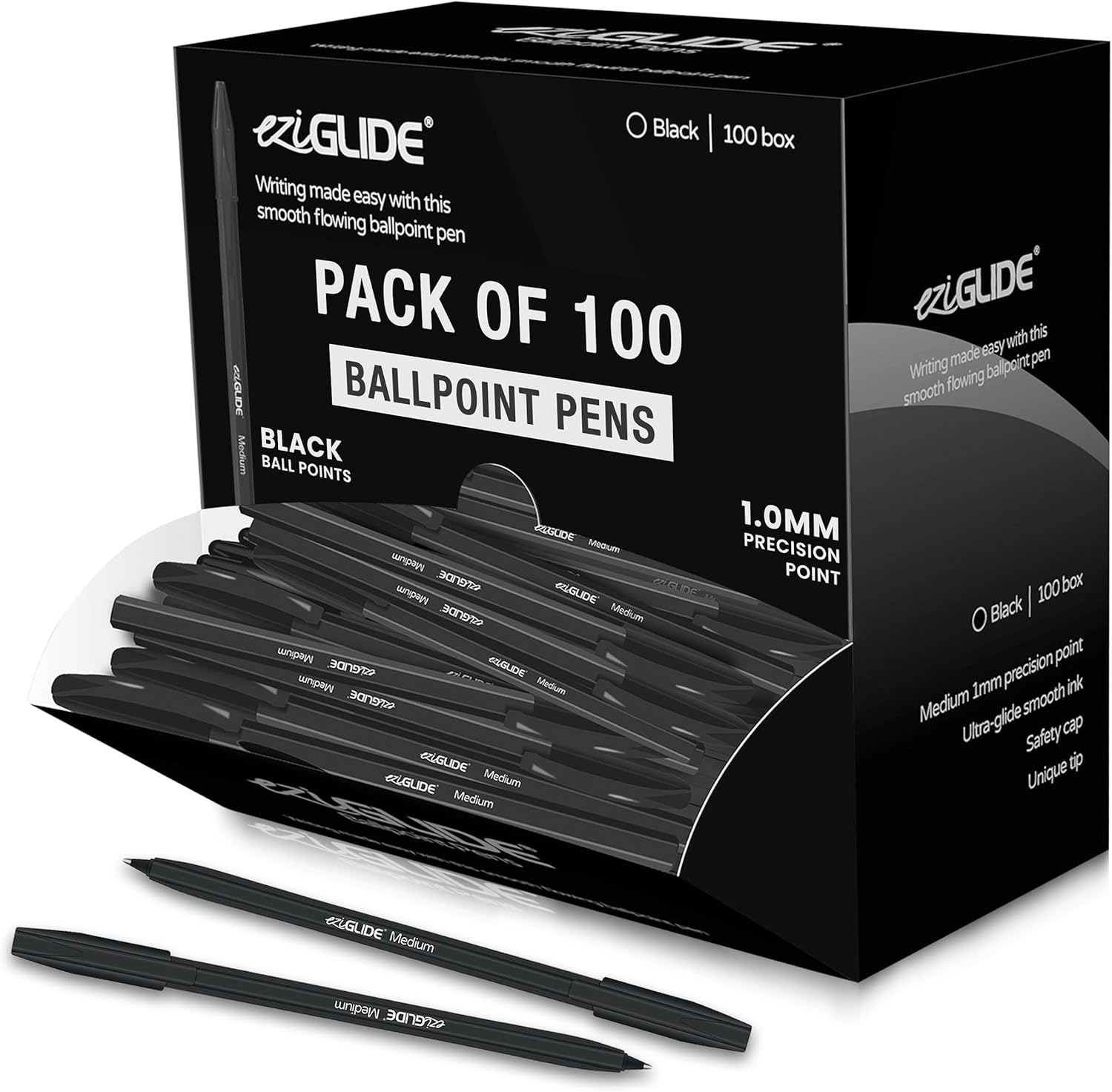 Eziglide 100-Pack Black Ballpoint Pens Set – Medium Point (1.0mm) for Ultra-Smooth Writing & Consistent Ink Flow – Ideal for School, Exams, Home, Office & Work Stationery Supplies