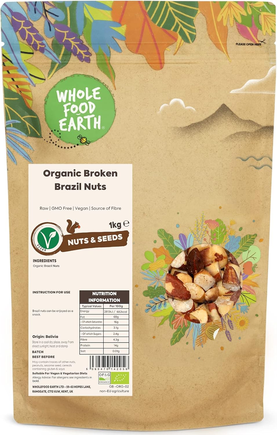 Wholefood Earth Organic Broken Brazil Nuts – 1KG | Raw | GMO Free | Vegan | Source of Fibre | Certified Organic