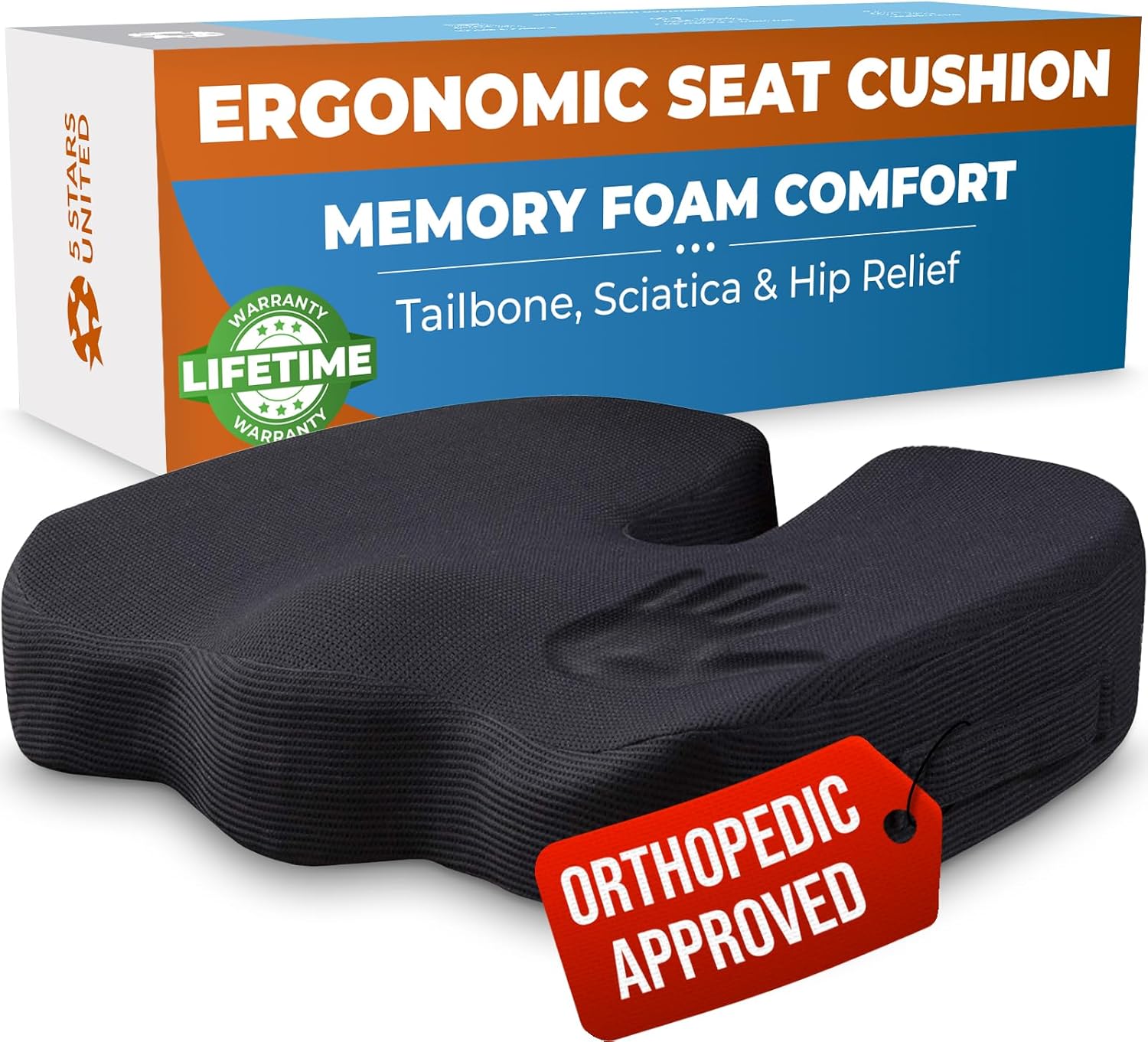 5 STARS UNITED Seat Cushion for Office Chairs - Fits 18"x14" Seats, Tailbone, Coccyx Pain Relief - Butt, Pressure & Sciatica Relief - Gaming, Wheelchair, Car & Desk Pillow, Black
