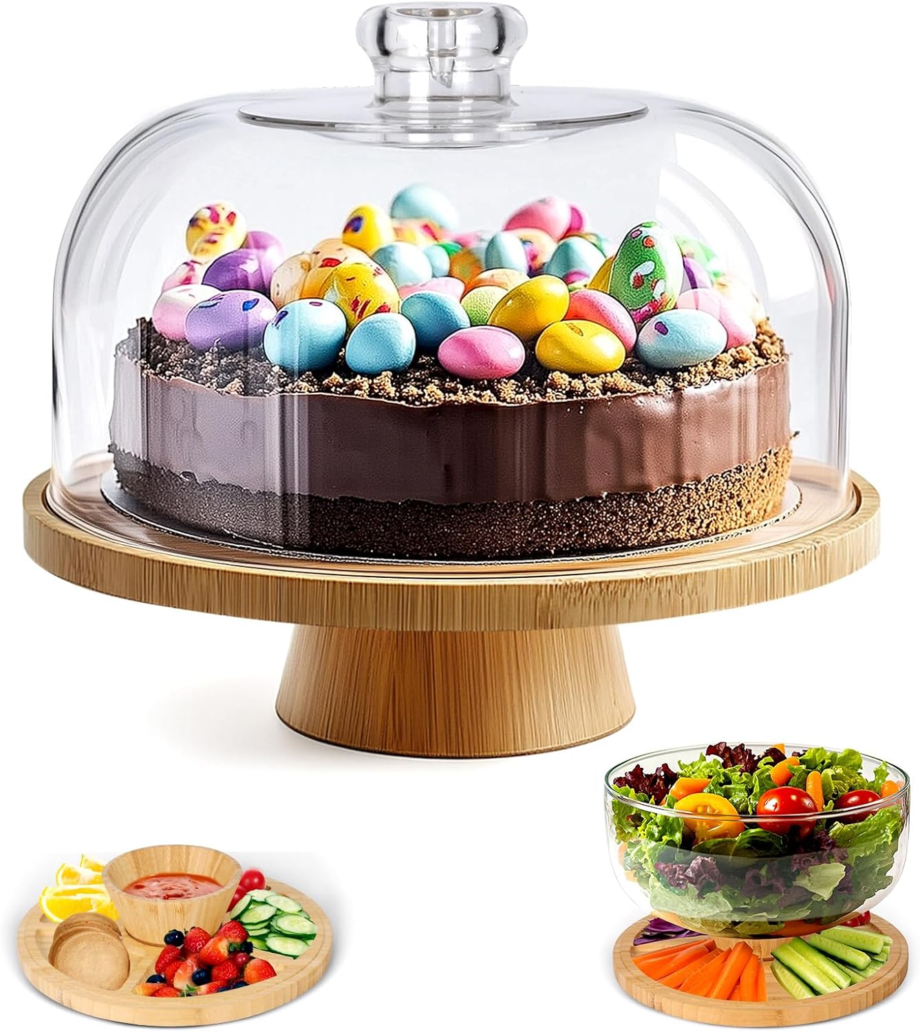 Masthome Cake Stand with Dome Lid,Wooden Cake Stand,Multifunctional 6 in 1 Clear Cake Plate for Snack Fruit Server Salad Bowl Kitchen Party BBQ