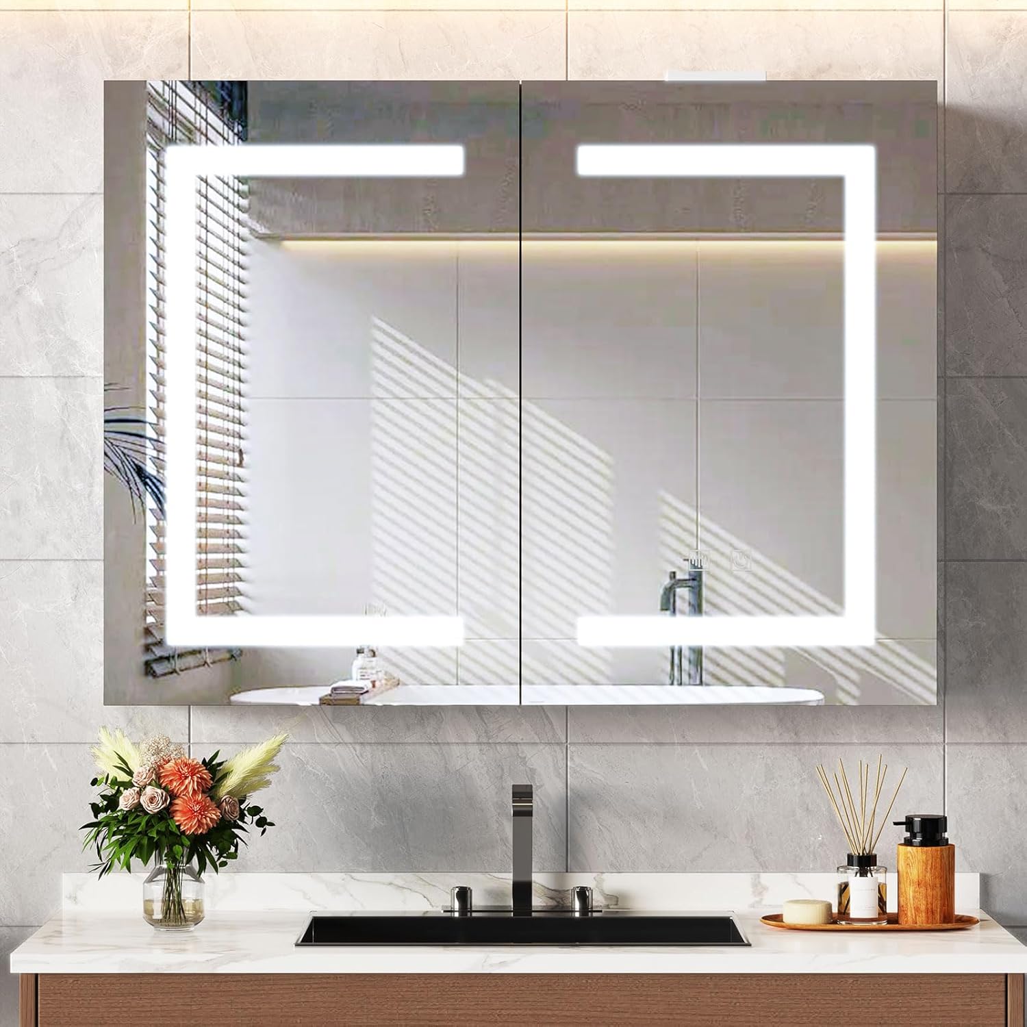 Snughome Bathroom Medicine Cabinet with Mirror and LED Lights, Wall Mount Bathroom Mirror with Storage, Anti-Fog, Built-in Power Outlets, Dimmable 3 Color Temp, Antirust Easy to Install, 31.5" x 23.6"