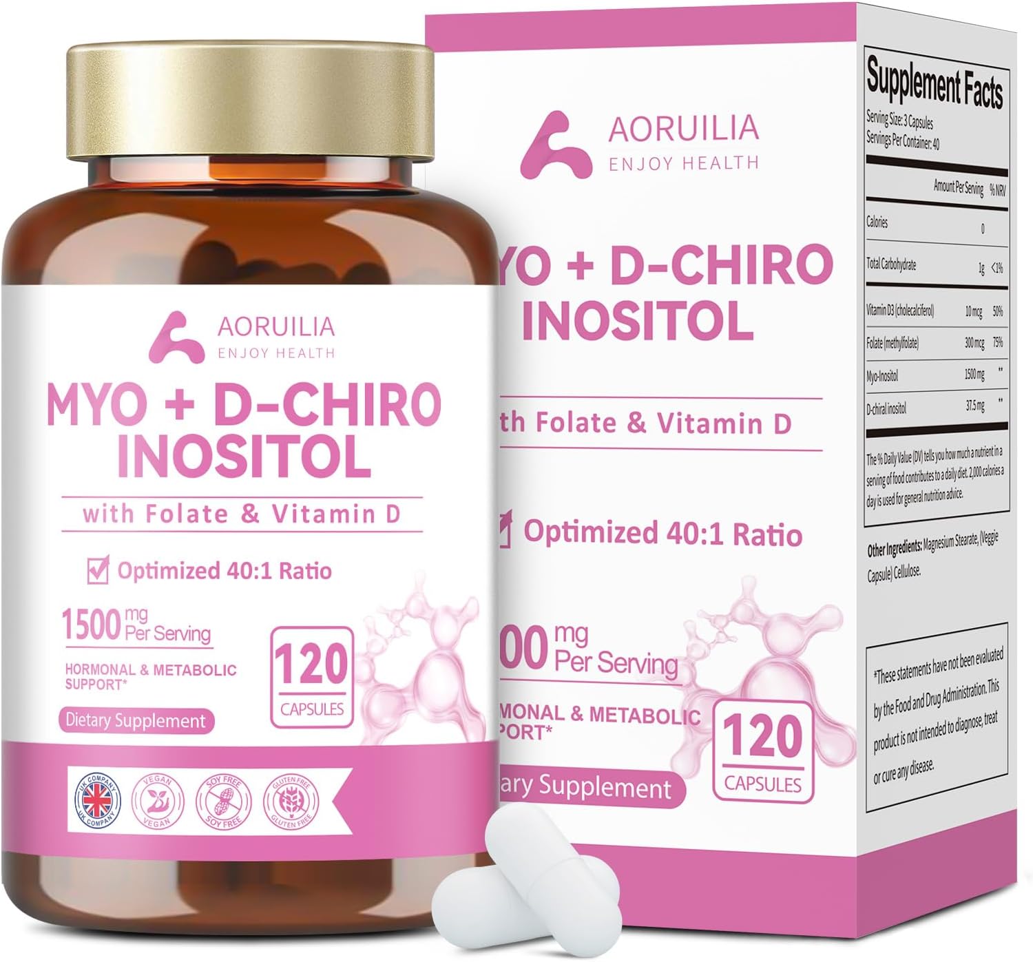 5-in-1 Inositol Capsules with Myo-Inositol 1500mg, D-Chiro Inositol 37.5mg, Methylfolate & Vitamin D3, 40:1 PCOS Supplement for Hormone Balance for Women, Metabolism & Antioxidant, 120 Vegan Caps