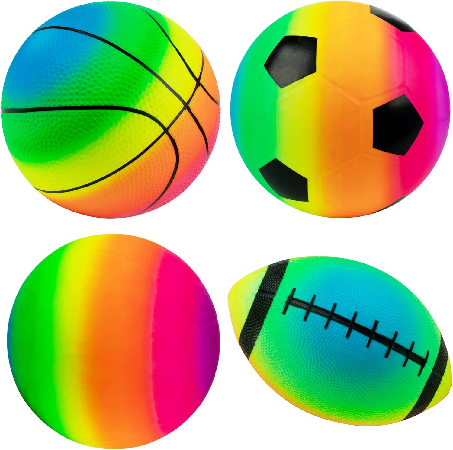 Rainbow Sports Balls Pack of 4, 1 Each of 8.5" Football, Basketball, Soccer and Volleyball for Playground, Inflatable Multi-Sport Ball Set with 1 Pump for Kids Outdoor Activities