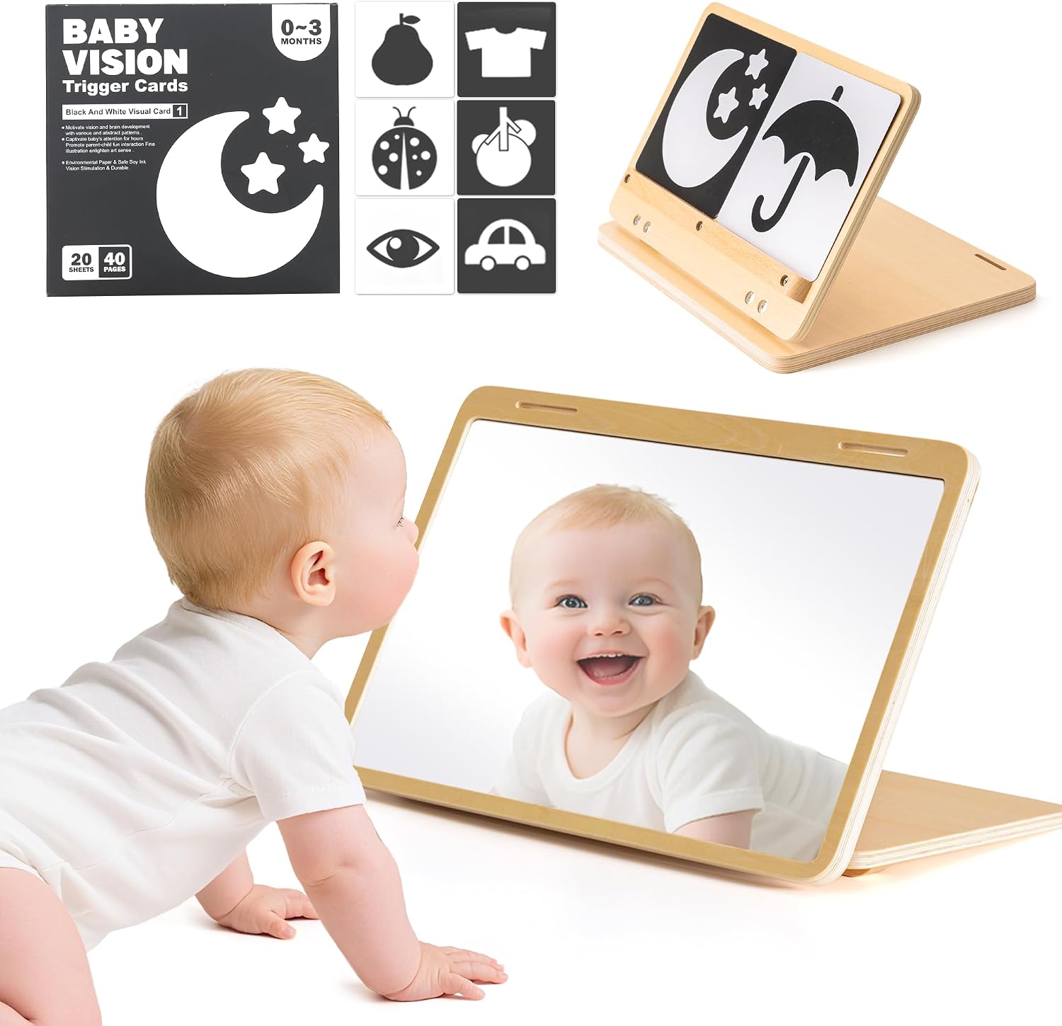 Tummy Time Mirror for Baby Montessori Baby Floor Mirror with High Contrast Black and White Cards Infant Safe Mirror Toy for Newborn