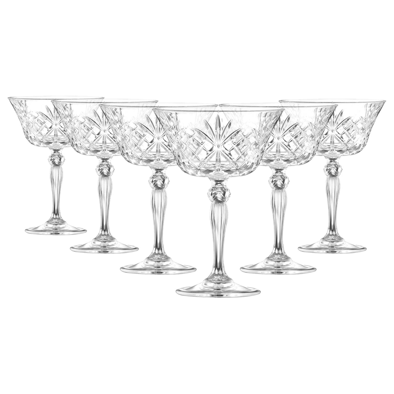 RCR 6X 260ml Melodia Glass Champagne Saucers - Vintage Glass Espresso Martini Prosecco Wine Gin Coupe Glasses Gift Set Crystal