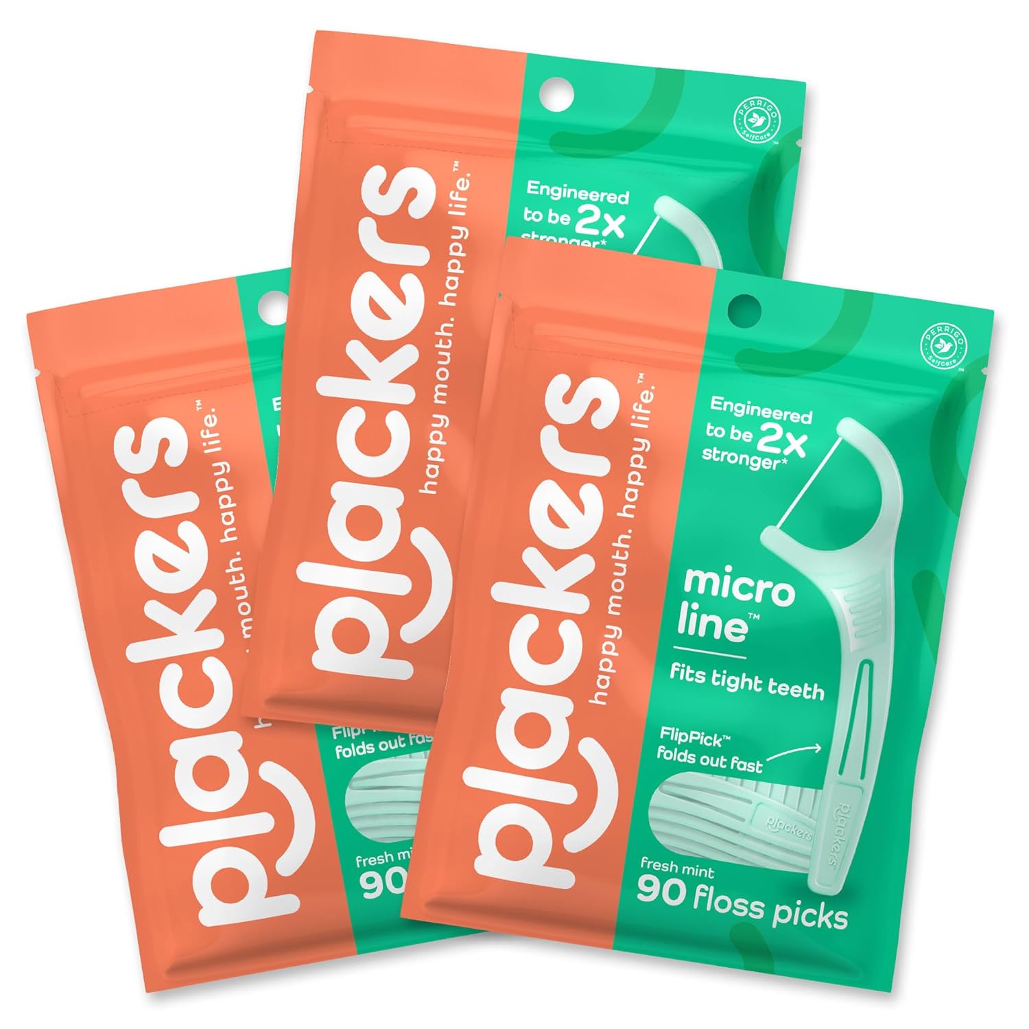 Plackers Micro Mint Dental Floss Picks, 90 Count, Pack of 3