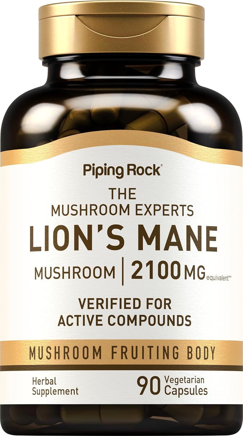 Piping Rock Lions Mane Supplement Capsules | 2100mg | 90 Count | Mushroom Fruiting Body Extract | Hericium Erinaceus | Vegetarian, Non-GMO, Gluten Free