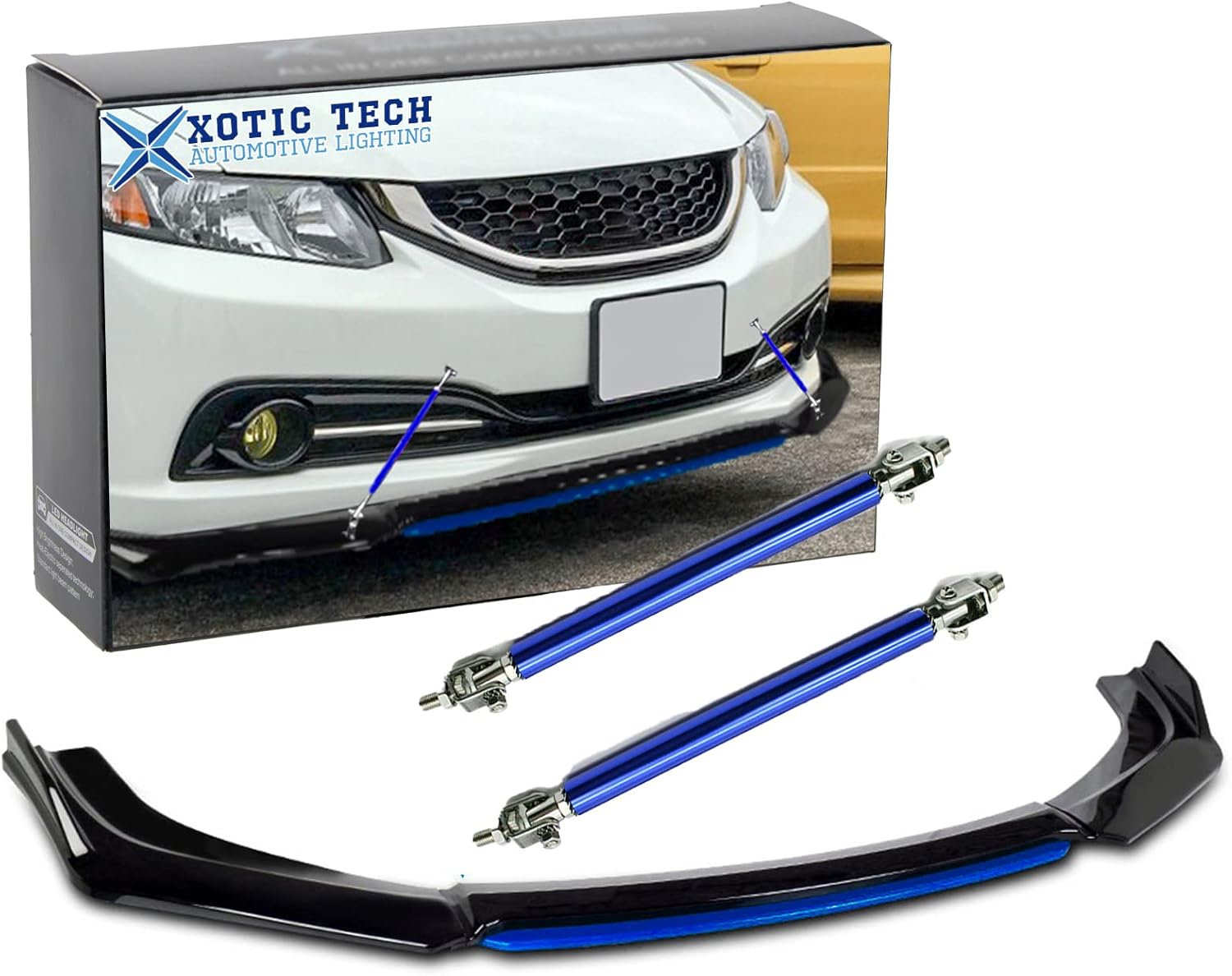 Xotic Tech Front Bumper Lip Chin Spoiler Splitter Diffuser Protector Body Kit with Adjustable 8"-11" Support Splitter Rod Compatible with Honda Accord Civic, Volkswagen MK5 MK6 MK7, Black w/Blue