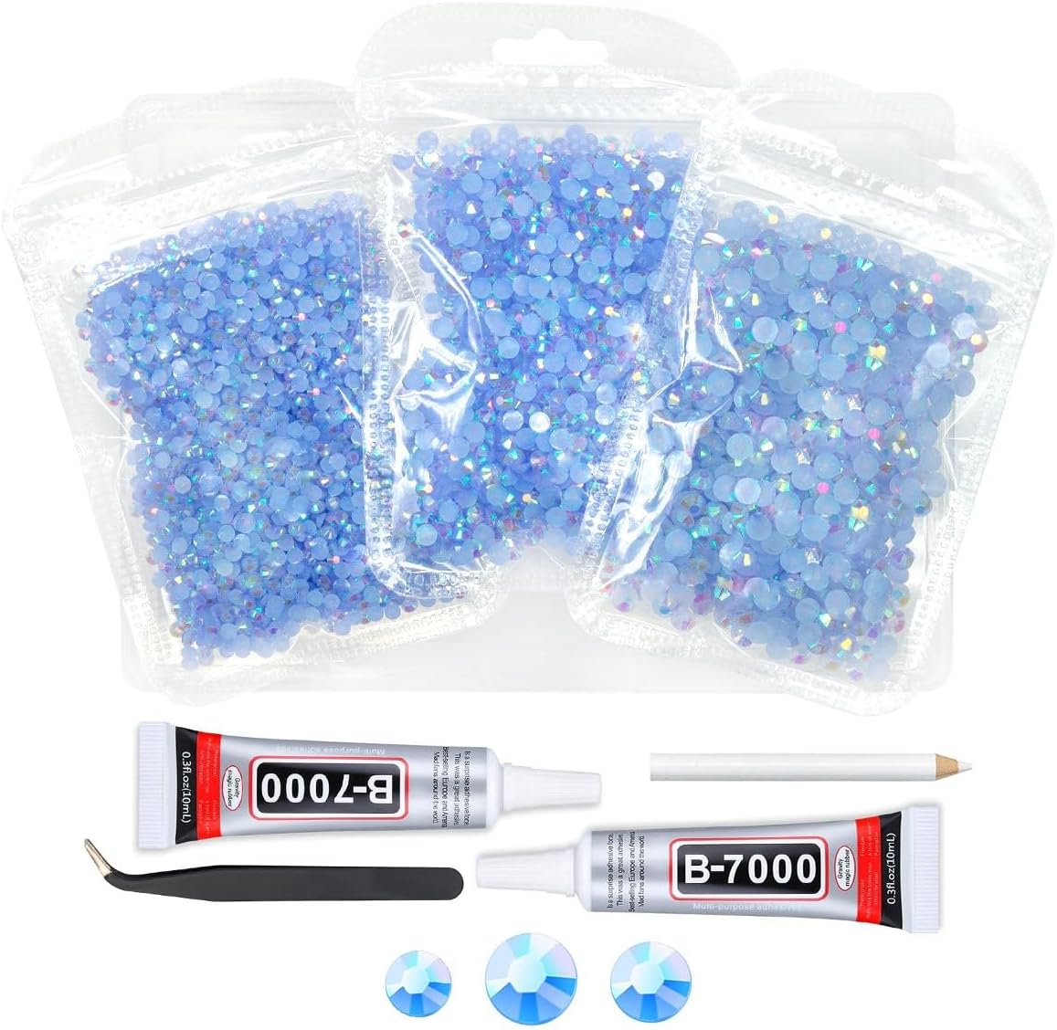 Light Blue AB Resin Rhinestones w B7000 Jewelry Glue for Bedazzling Crafting 3mm 4mm 5mm Sky Blue Flatback Jelly Stones Bulk SS10 SS16 SS20 Baby Blue Diamonds Gems for Nails Tumblers DIY Crafts
