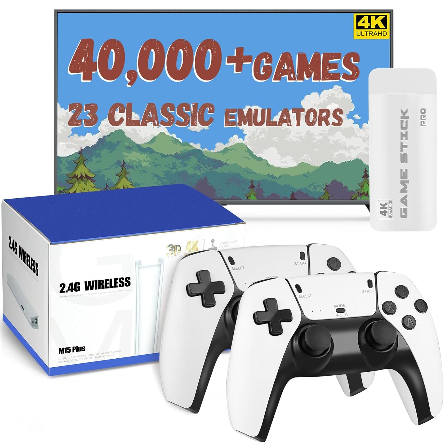 Retro Gaming Console with 40,000+ Classic Games, 23 Emulators, Dual 2.4GHz Wireless Controllers, 4K HD Output, Save & Load Function, Plug & Play, Compatible with TV/PC/Projector, 64GB