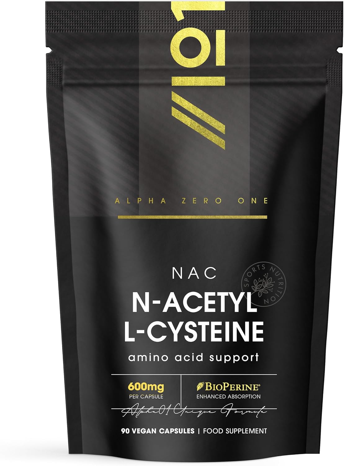 N-Acetyl L-Cysteine 600mg with BioPerine® – 90 Vegan Capsules – Vegan Fermented Amino Acid – Resealable and Recyclable Pouch by Alpha01