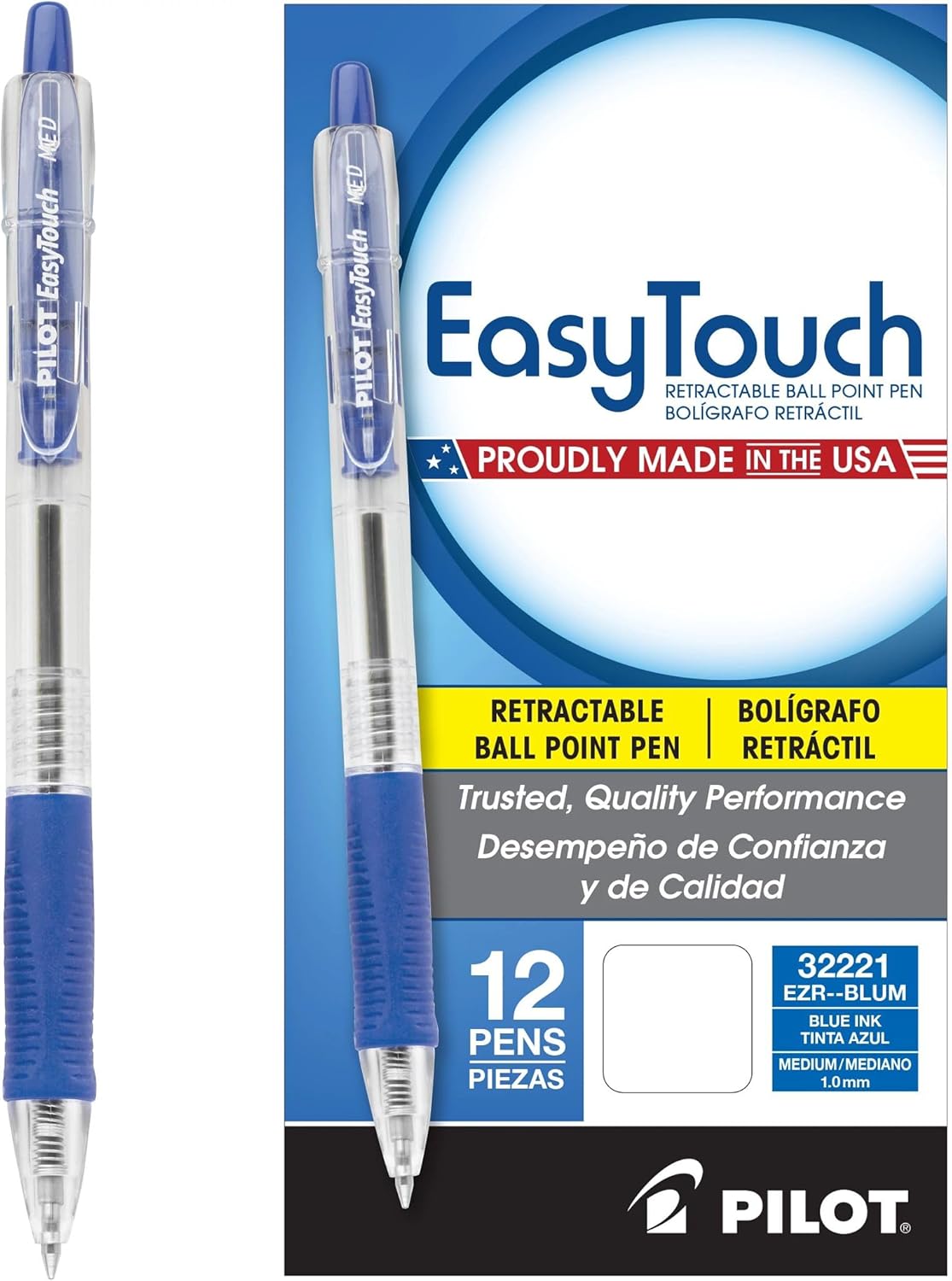 PILOT EasyTouch Refillable & Retractable Ballpoint Pens, Medium Point, Blue Ink, 12-Pack (32221)