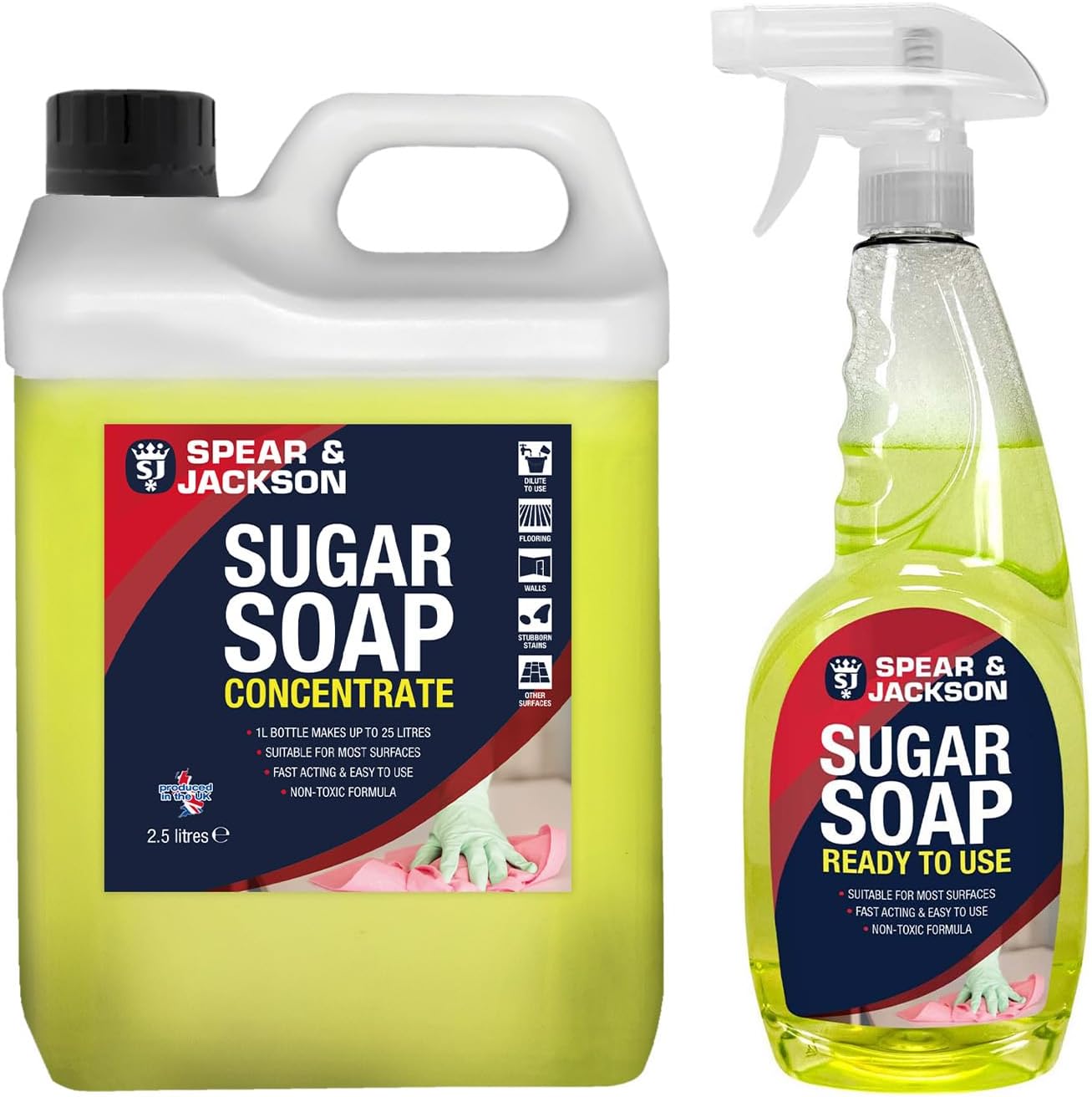 Spear & Jackson Sugar Soap Concentrate 2.5L + 750ml Ready to use spray, Walls, Grease, Grime, Dirt and Stain Remover, Kitchen Degreaser, Versatile Cleaner