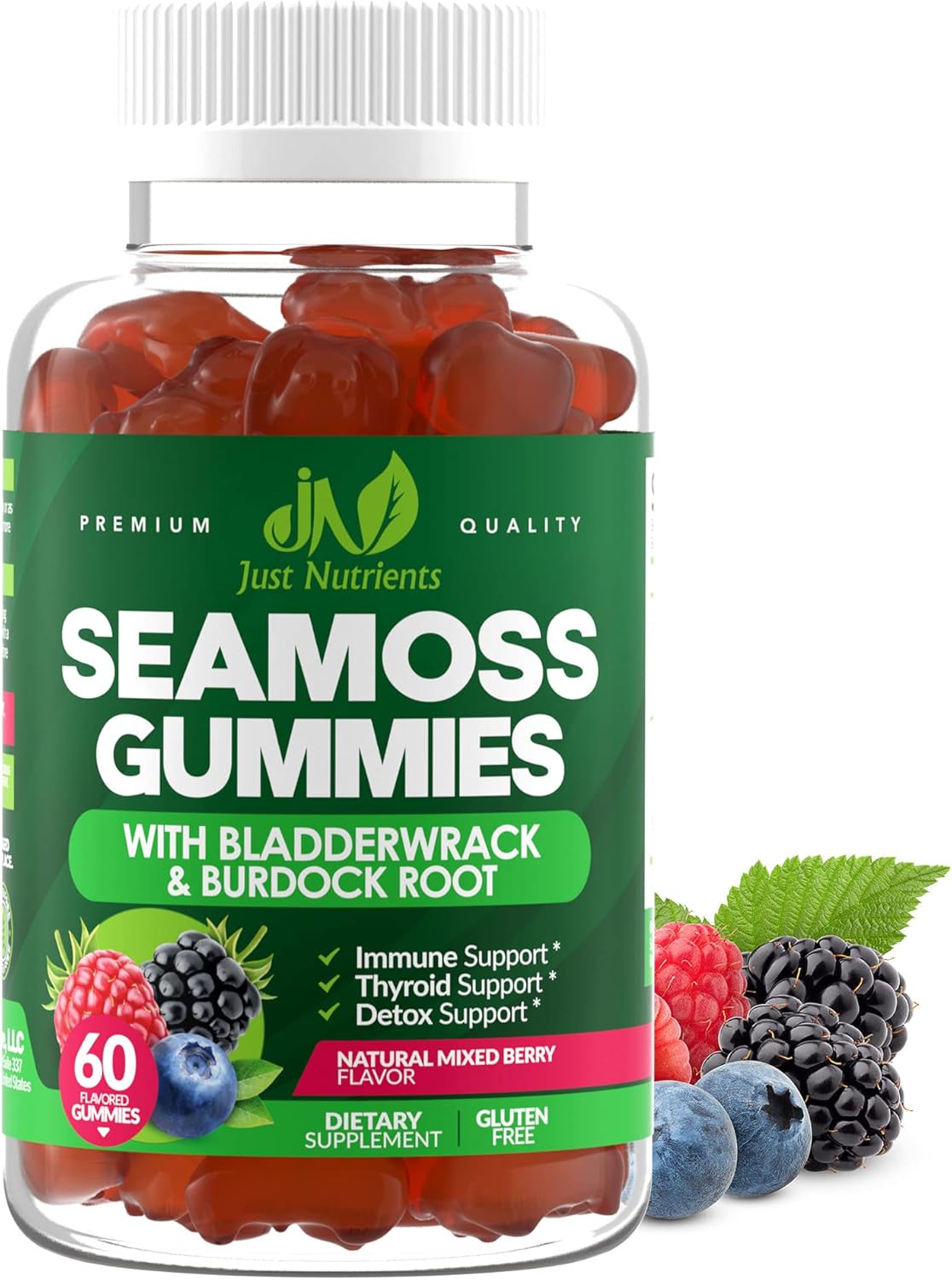 Sea Moss 3000mg Gummies with Bladderwrack and Burdock Root - Natural Irish Sea Moss for Immune, Thyroid and Detox Support - Extra Strength, Great Tasting - Gluten-Free, Vegan - 60 Gummies