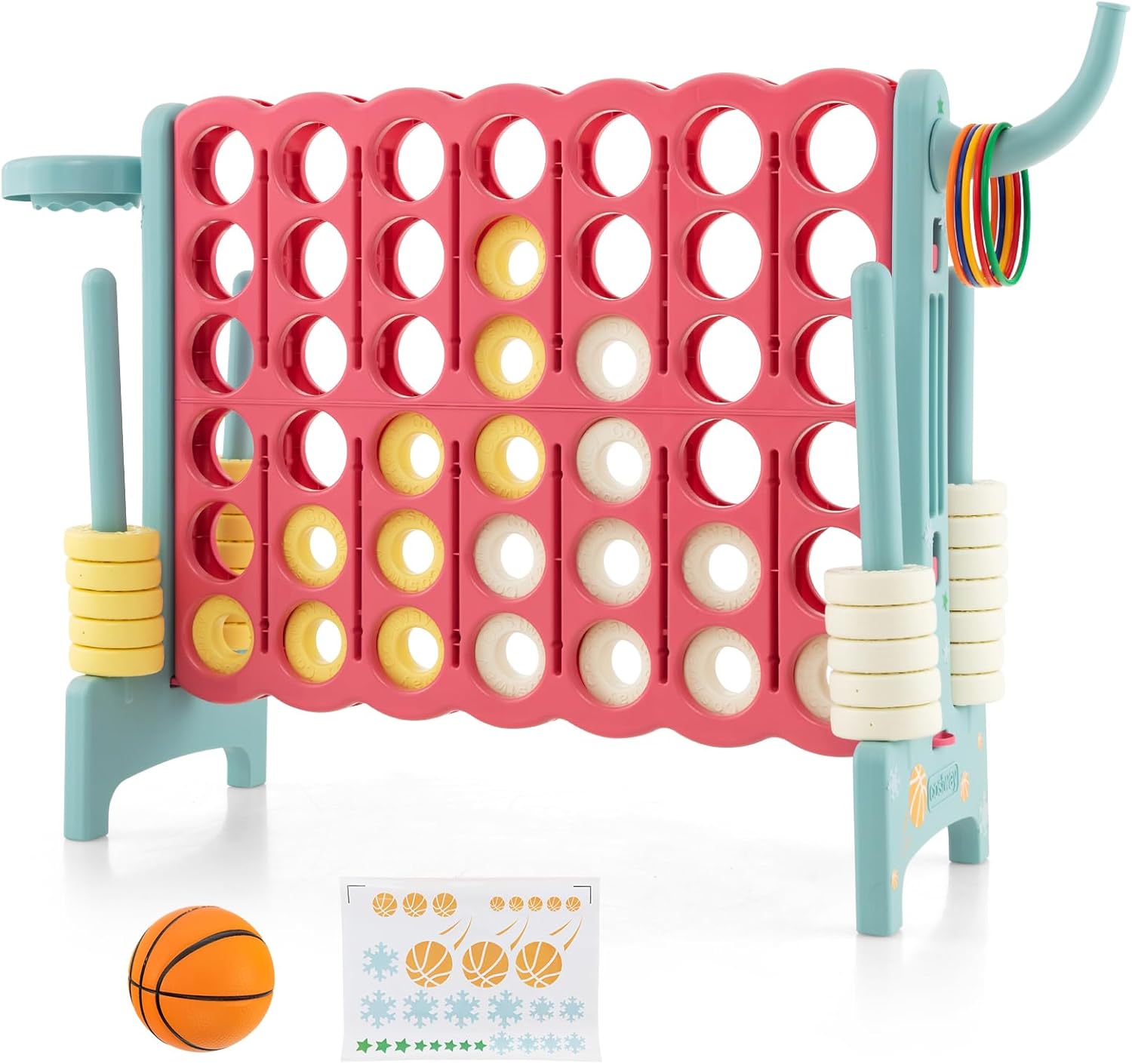 COSTWAY Giant Connect 4, 3-in-1 Family Game with Basketball Hoop, Ring Toss, 42 Jumbo Ring, 4 in A Row Game Set for Indoor Outdoor
