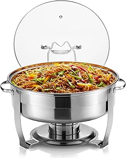 Chafing Dish for Buffet Set, by Kook, Catering Food Warmers, Round Chafing Dishes for Buffet, Chafing Buffet, Warmer Tray, Stainless Steel with Glass Lid and Lid Holder, for Parties, Dinners, 4.5 Qt