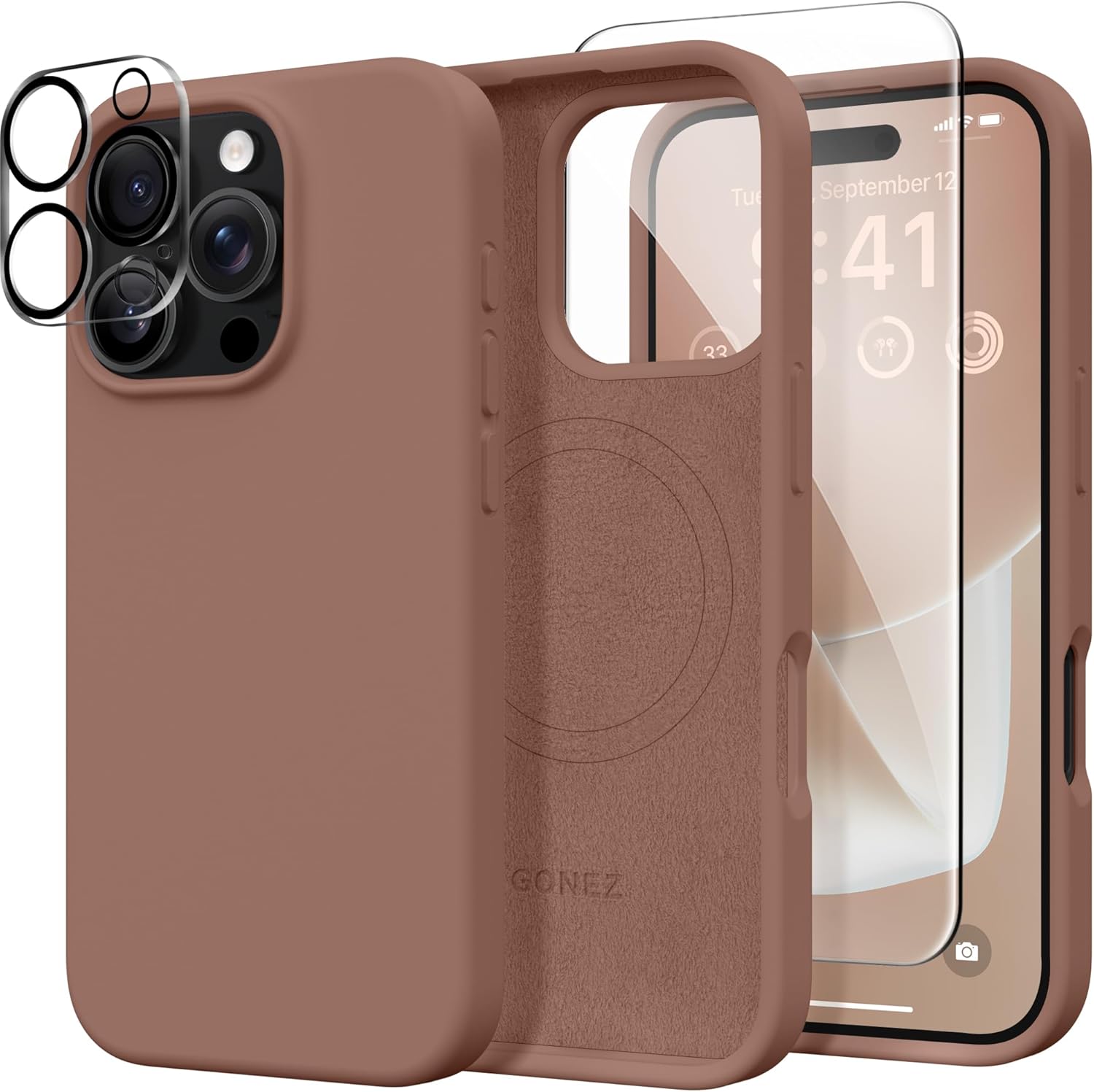 GONEZ Magnetic for iPhone 16 Pro Case, Compatible with MagSafe, [Screen Protector + Camera Lens Protector], Silicone Shockproof Anti-Scratch Protective Phone Case 6.3 inch, Brown