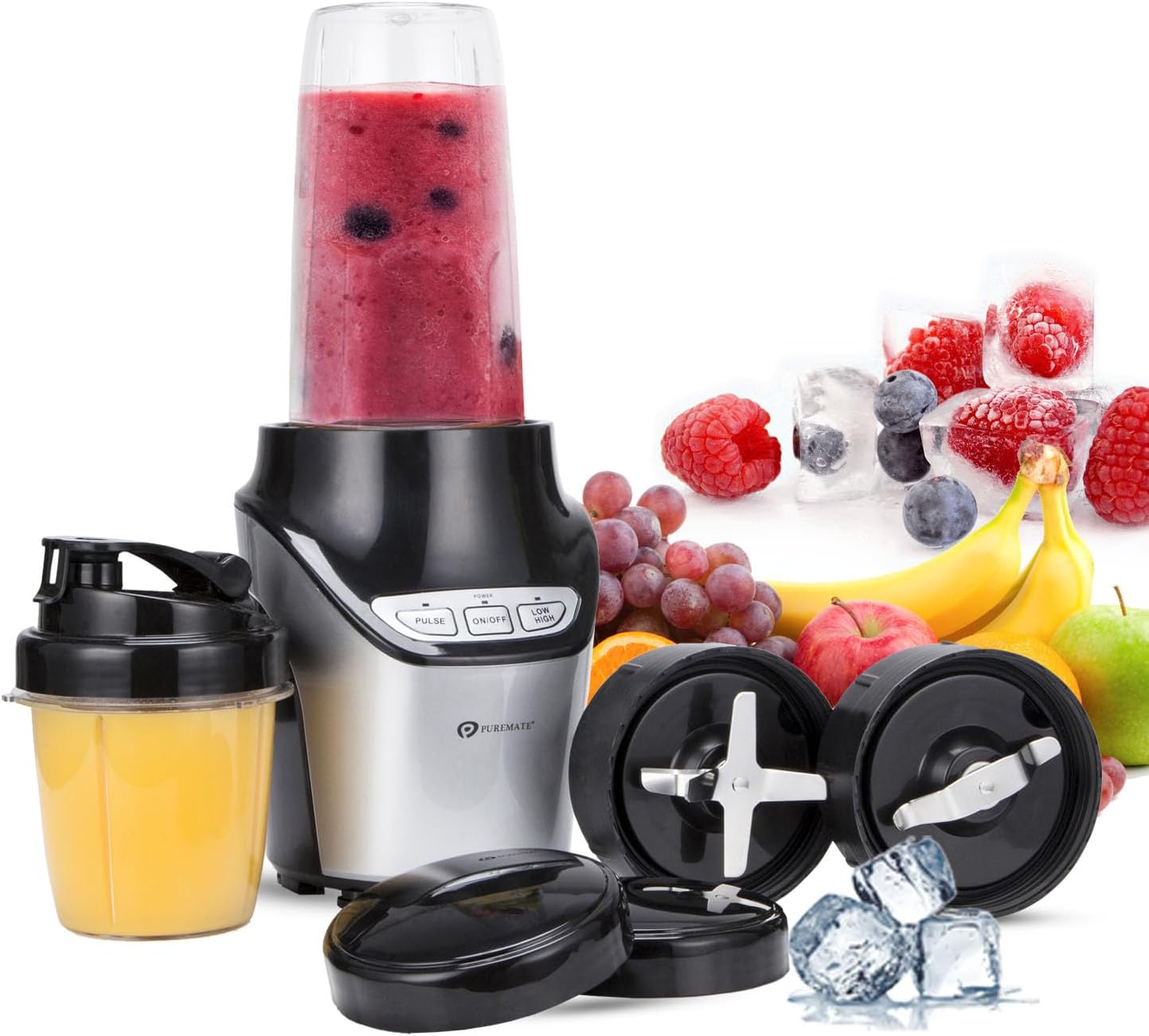 PureMate Blender and Food Processor - Powerful 18,000 RPM Extractor Blends Frozen Fruit, Nuts & Ice – 1000W Motor with Stainless Steel Blades and 3 Speed Settings – Ideal For Smoothies & Post Workout