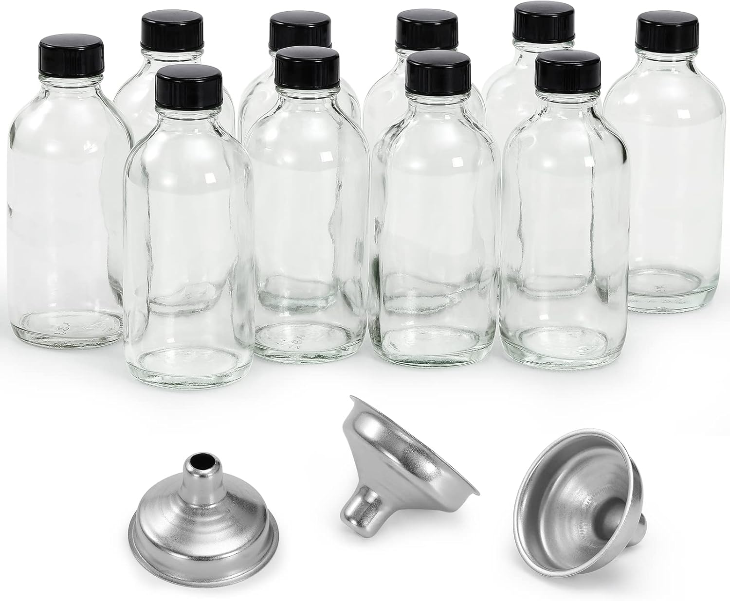 10 Pack, 4 oz Small Clear Glass Bottles w/ Lids & 3 Stainless Steel Funnel - 120ml Boston Round Sample Bottle for Potion, Juice, Ginger Shot, Wellness, Oils, Whiskey, Liquids - Leakproof Travel Bottle