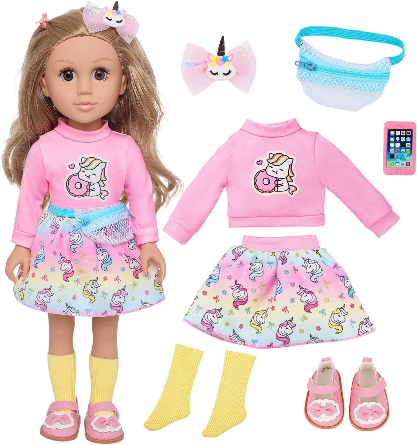 Ecore Fun 18 Inch Girl Doll with Clothes Accessories, Fashion Doll with Styling Brown Hair, Unicorn Hair Clip, Phone, Bag, Outfit & Shoes, Gift Ready for Birthday & Pretend Play
