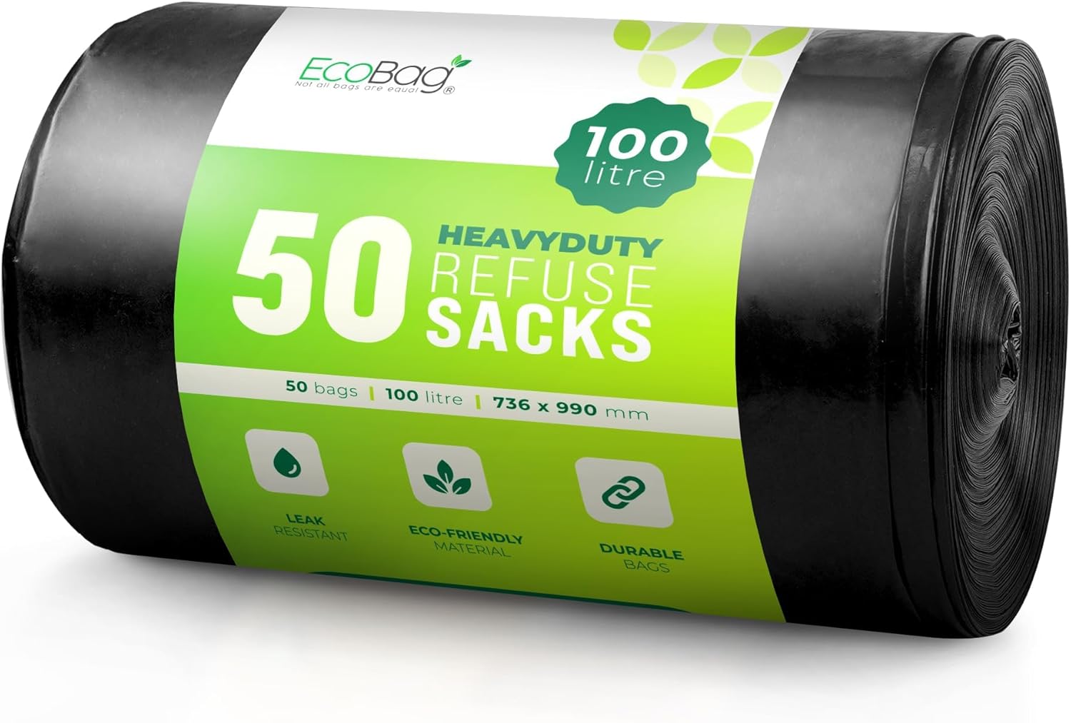 EcoBag - 50 Pack Heavy Duty Refuse Sacks - 33 Microns - Recyclable Bin Bags, Leak Resistant, Eco-Friendly, Durable Waste Disposal Bags for Household & Commercial Use - Extra Strong