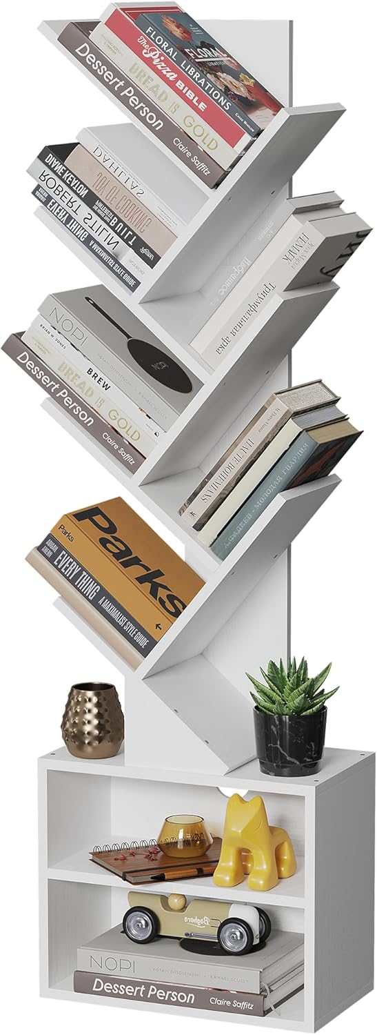 SUNMORY 6 Tier Tree Bookshelf, Tall Bookcase with Storage Cabinet, Modern Narrow Bookshelves Organizer, Floor Standing Book Shelf for Bedroom/Living Room/Home Office/Corner, White