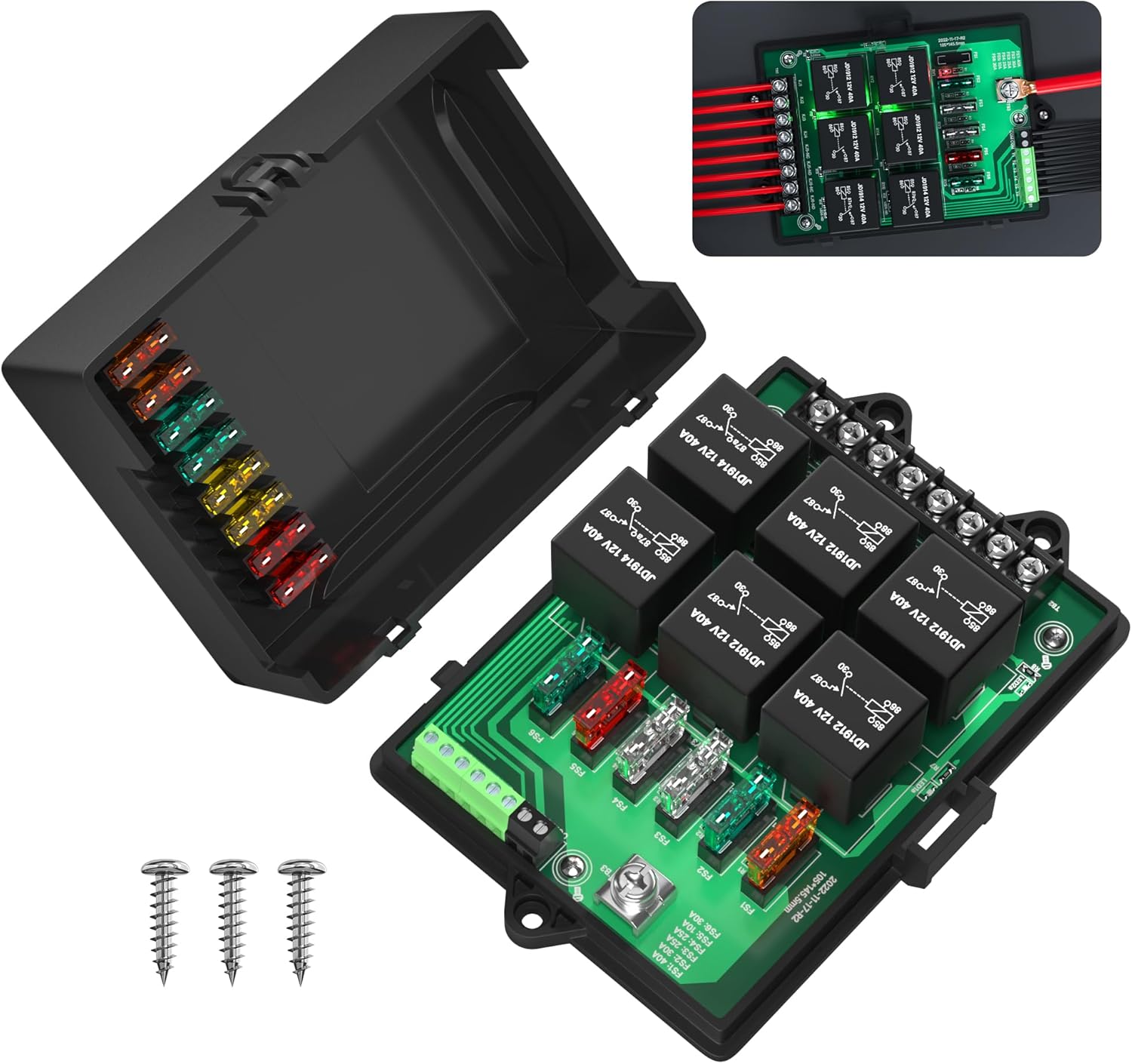 Joinfworld Relay Box Fuse Relay Box 12V Automotive Universal Fuse Panel with 6 Way Relays and 14 x ATC/ATO Blade Fuses 12 Volt Fuse Box Waterproof with Led Light and Relay Module