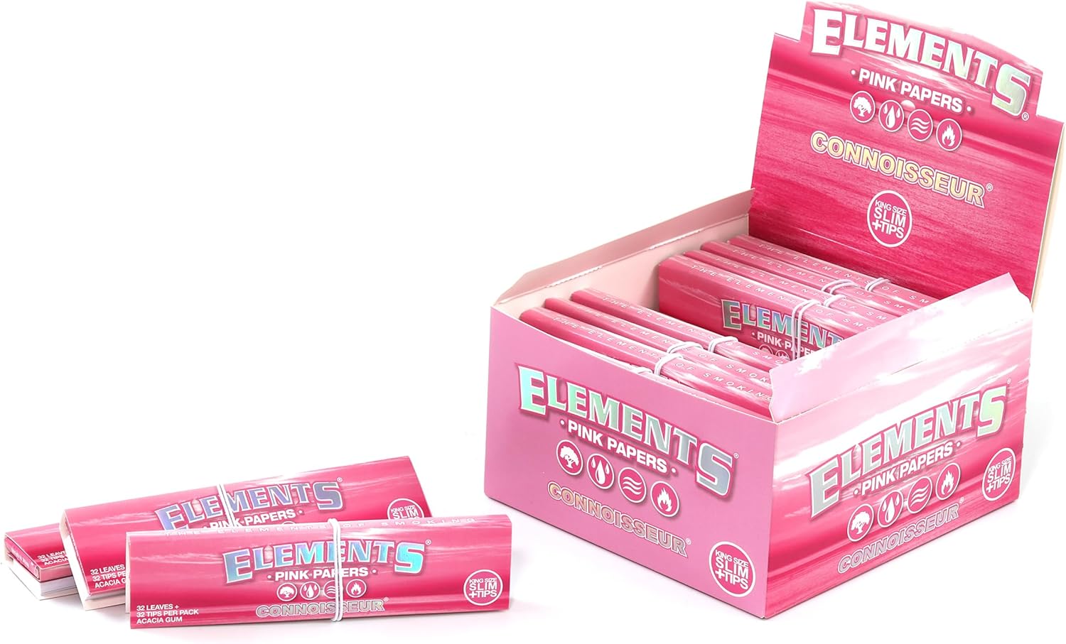 Elements PINK Connoisseur Thin King Size Slim Papers + Tips - 1 box / 24 booklets